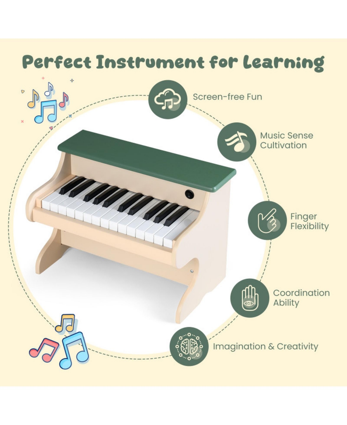 Sugift 25 Keys Wooden Digital Piano Keyboard and Music Stand, 2-Piece Set, Ages 3+