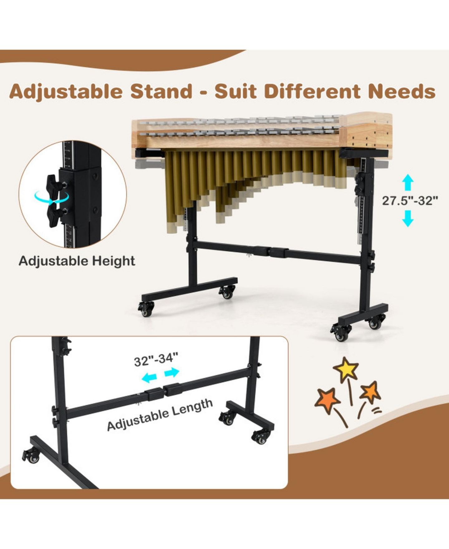 Детская игрушка HONGGE 32-Note Aluminum Marimba with Height-Adjustable Lockable Rolling Stand, цвет: Золотой / Коричневый — фото 6