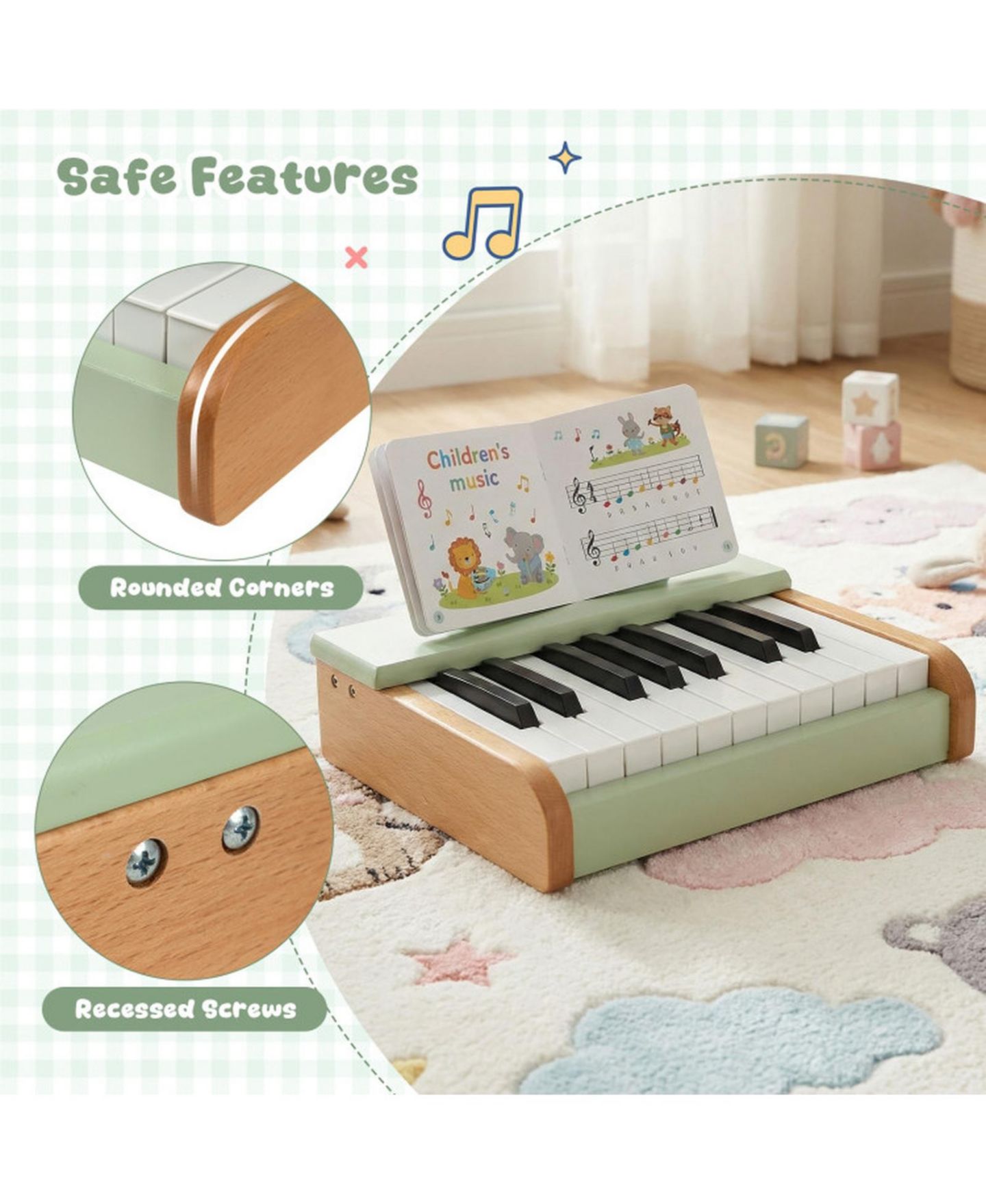 Детская игрушка HONGGE 18-Key Wooden Battery-Operated Piano, Ages 3+, цвет: Тёмно-зелёный — фото 4
