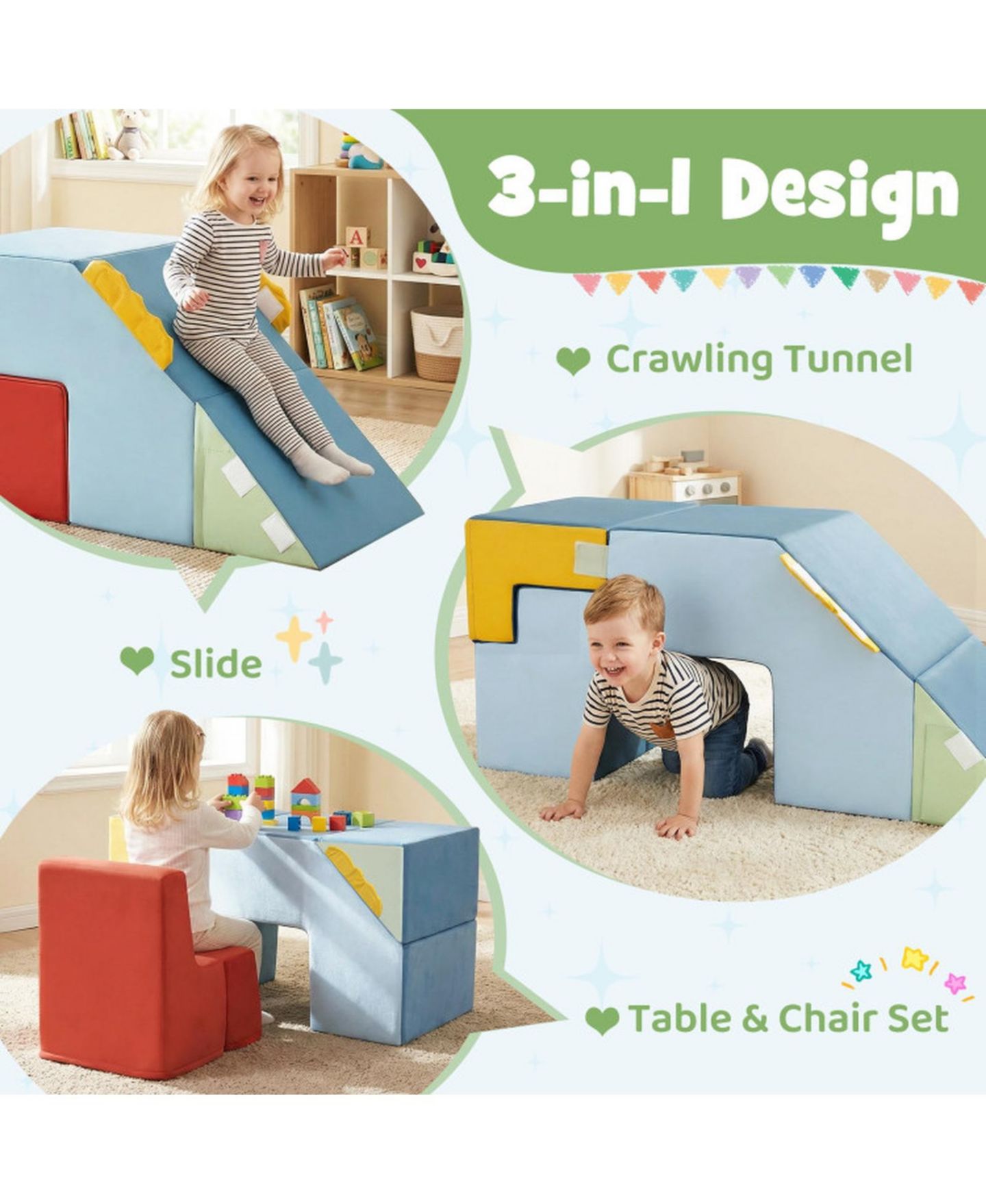 Детские конструкторы SUGIFT Convertible Soft Foam Blocks with Velvet Covers Table and Chair Set, 3-in-1, Ages 3-6, цвет: Синий — фото 3