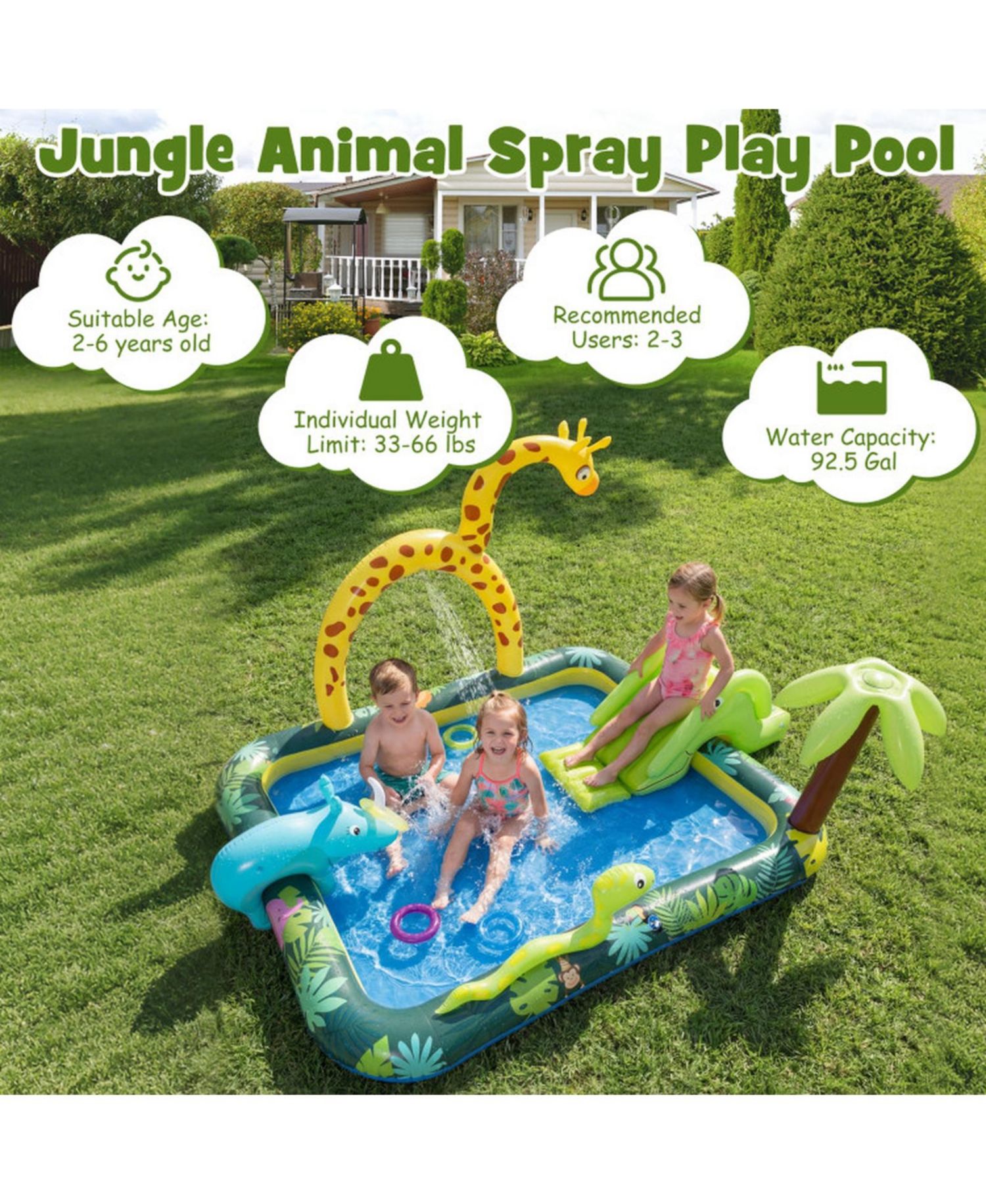 Jungle Animal Inflatable Spray Pool Play Center with Slide and Sprinkler Ages 2-6