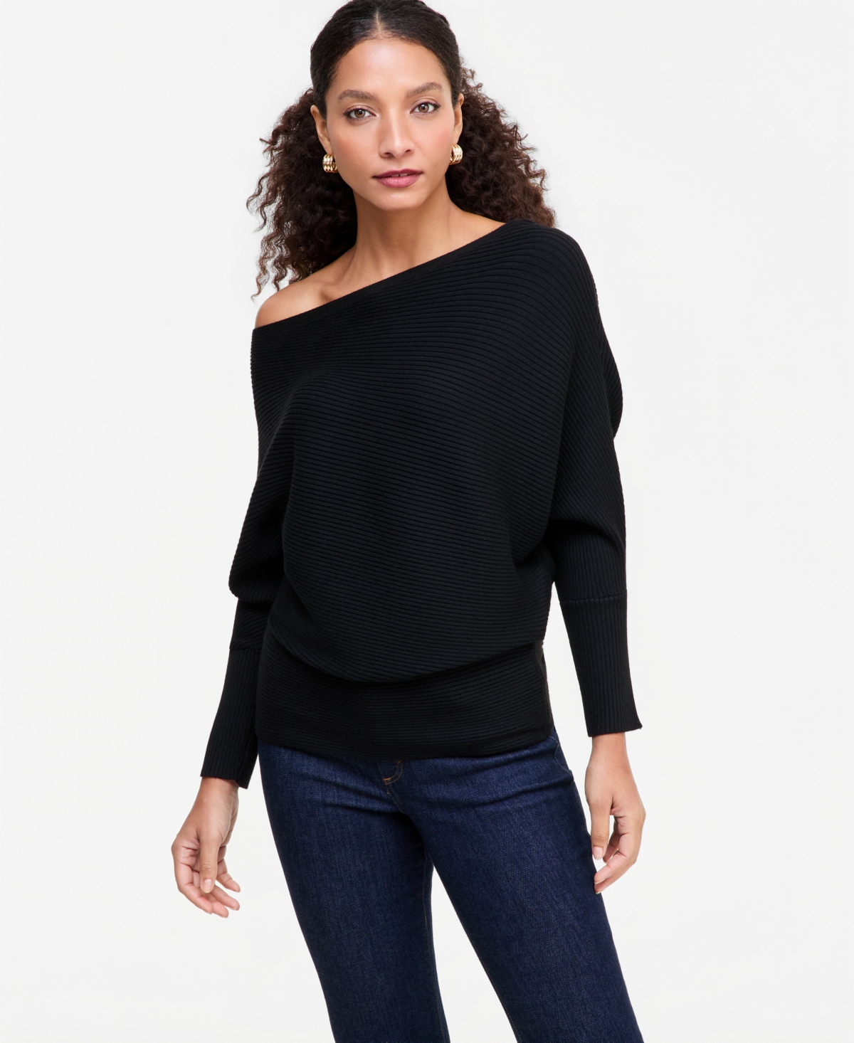 I.n.c. International Concepts Women's Off-the-Shoulder Ribbed-Knit Sweater, Macy's Exclusive - Deep Black