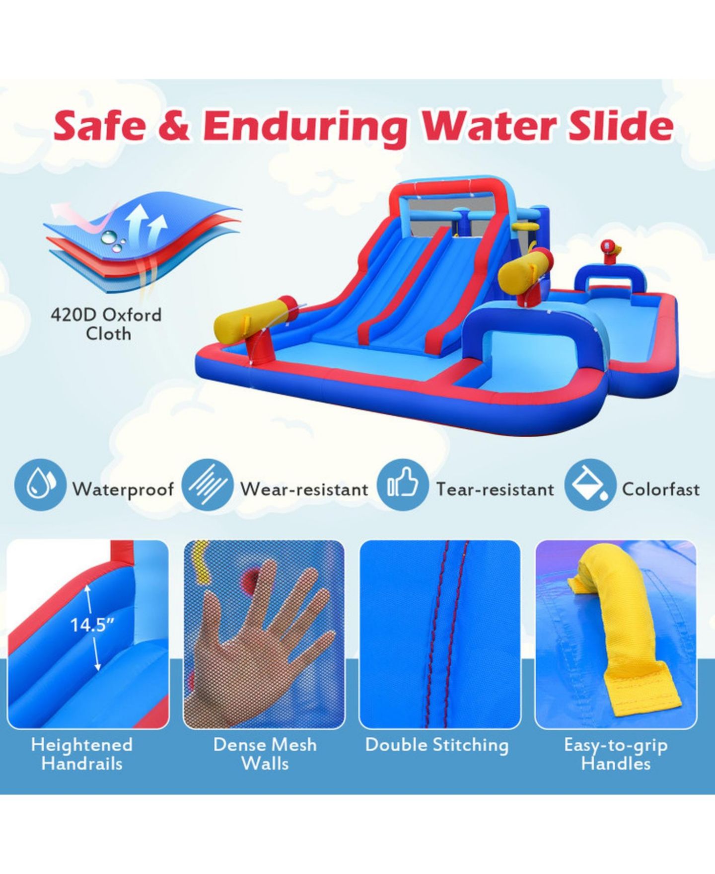 Детские игрушки HONGGE Giant Inflatable Water Slide Bounce House with Double Slides, Splash Pool, and 750W Blower, Ages 3-12, цвет: Синий — фото 4