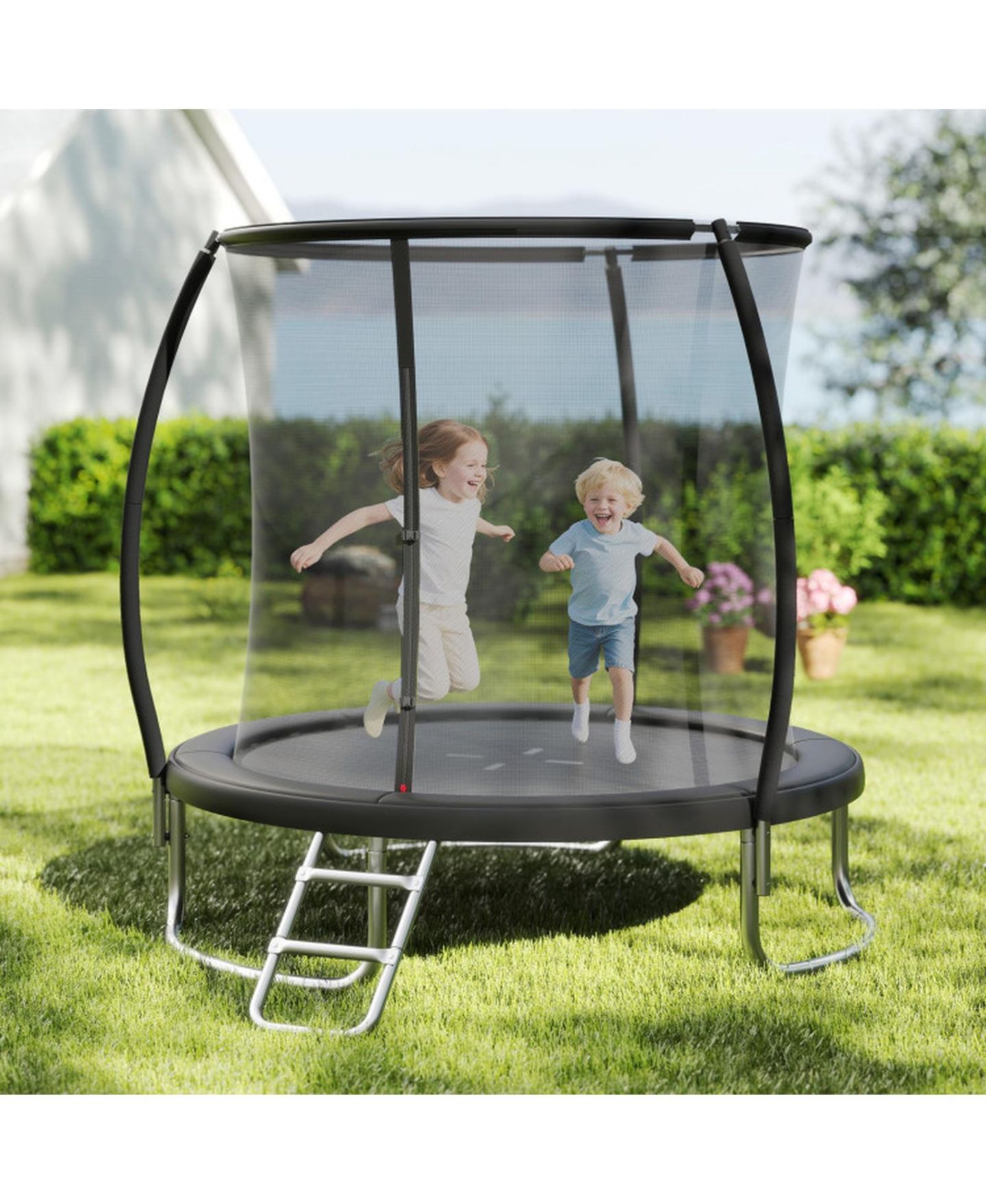 Детская игрушка HONGGE 8 ft Galvanized Steel Safety Enclosure Net Trampoline with Ladder, 880 lb Capacity, Ages 3+, цвет: Чёрный — фото 2
