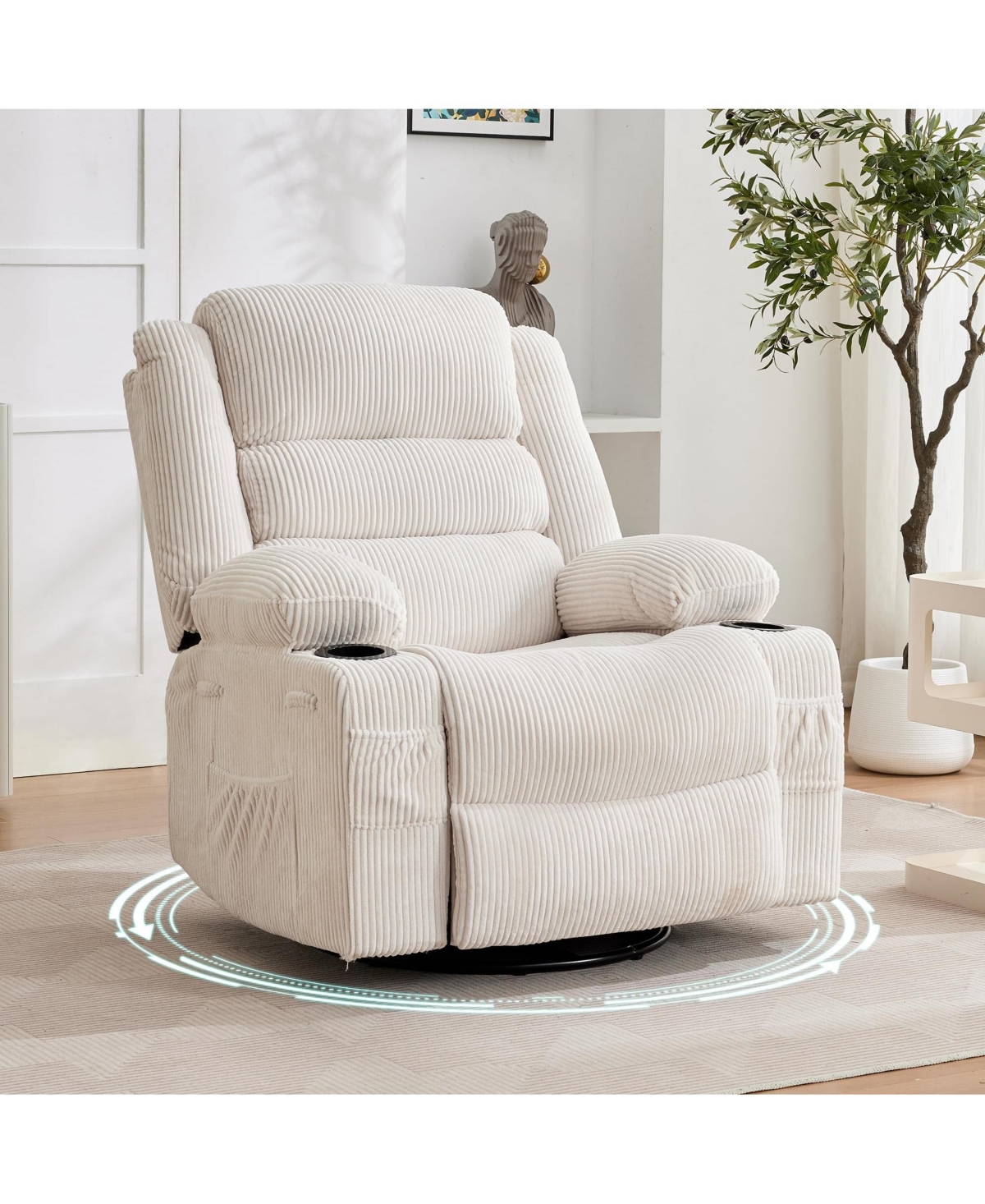 homfan Rocking Recliner for Adults Oversized 360degree(s) Swivel Manual | Soft Corduroy with Cup Holder Side Pockets Living Room