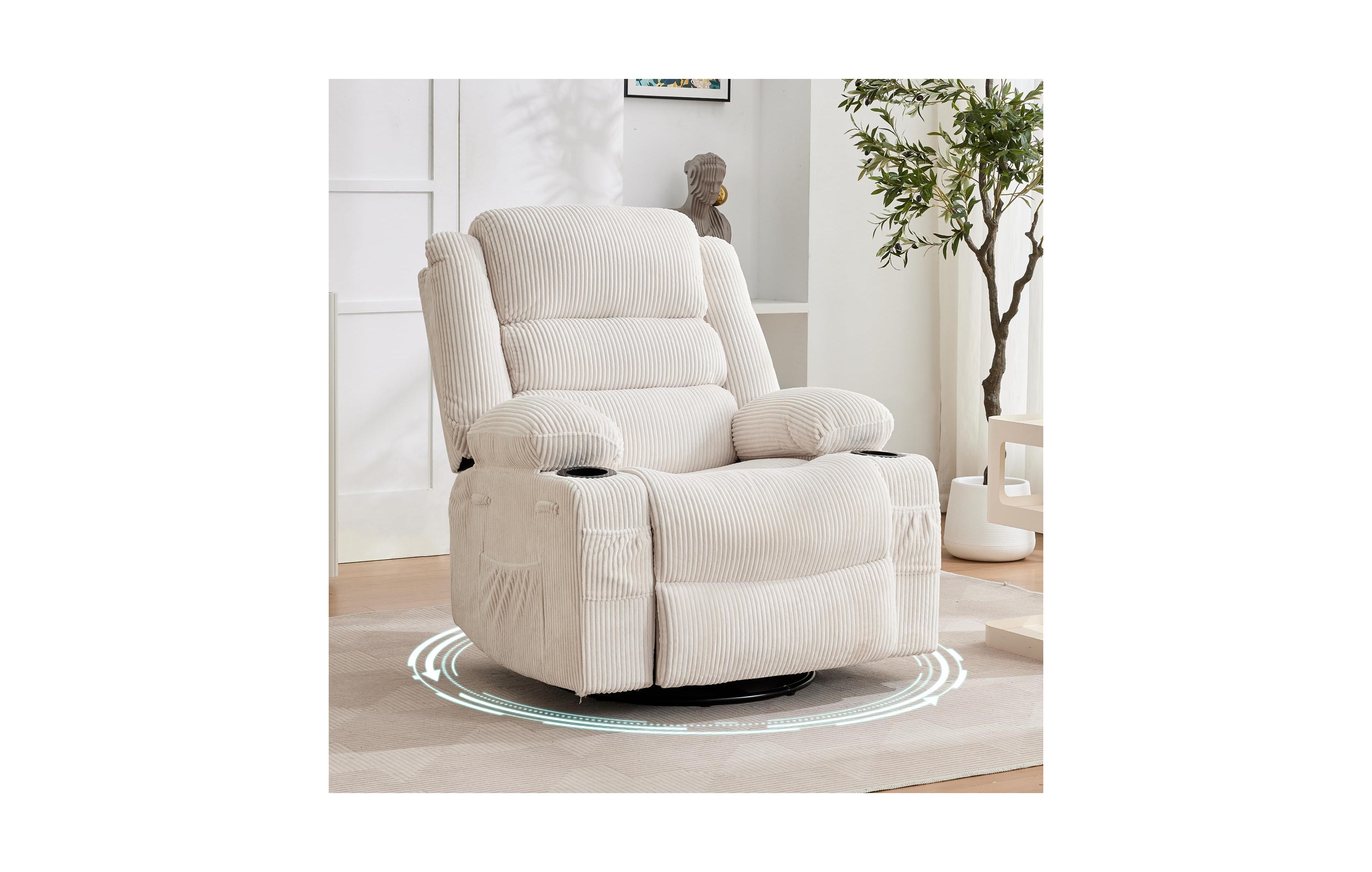 homfan Rocking Recliner for Adults Oversized 360degree(s) Swivel Manual | Soft Corduroy with Cup Holder Side Pockets Living Room