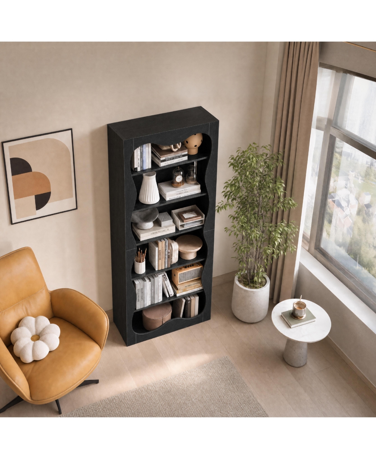 homfan 6-Tier Tall Wood Bookshelf with Scalloped Wavy Edges, Freestanding Display Shelf for Living Room
