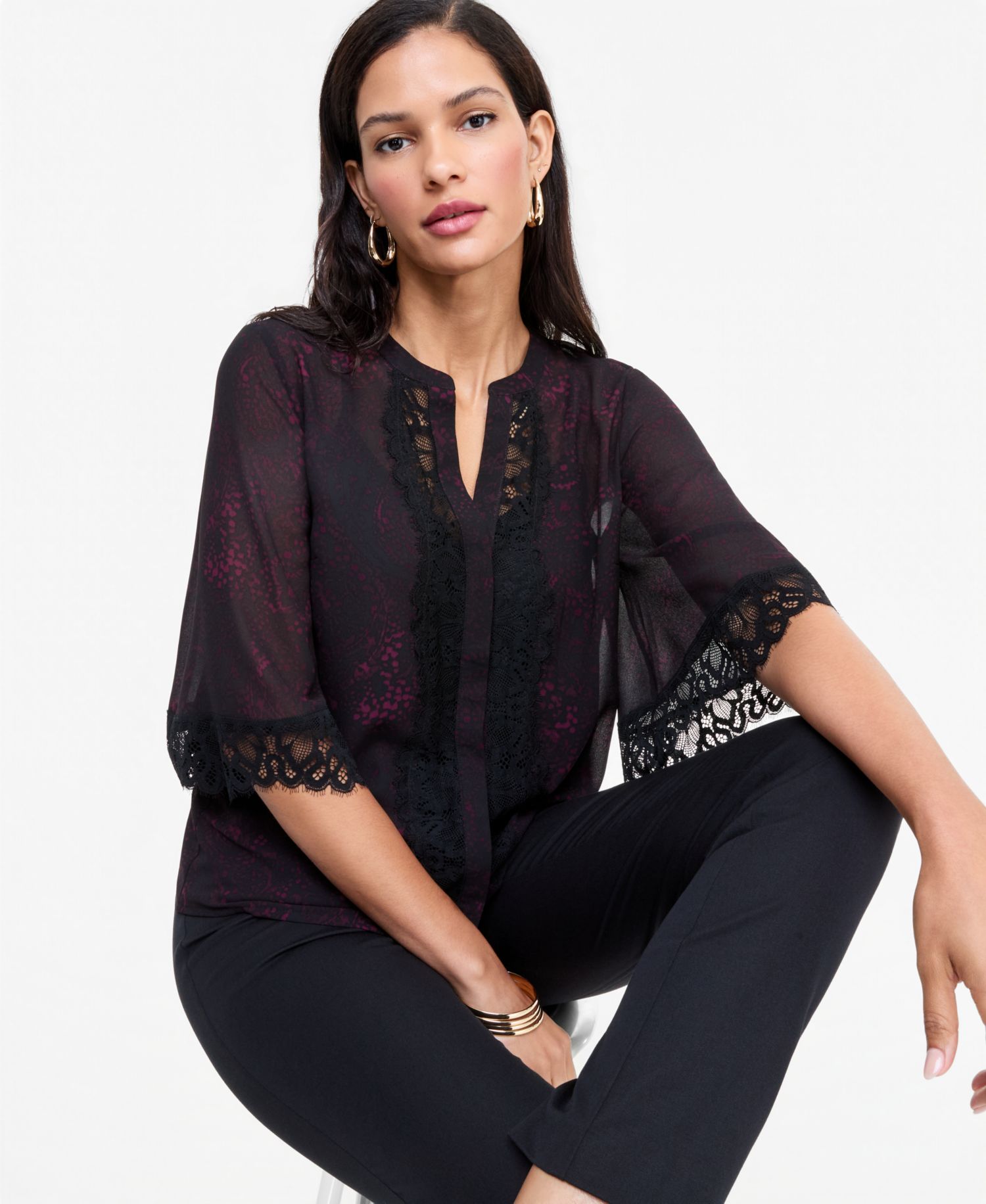 Women's Print Lace-Trim Button-Front Blouse