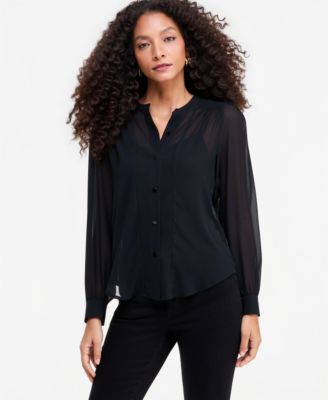 Women's Long Sleeve Sheer Button-Front Blouse