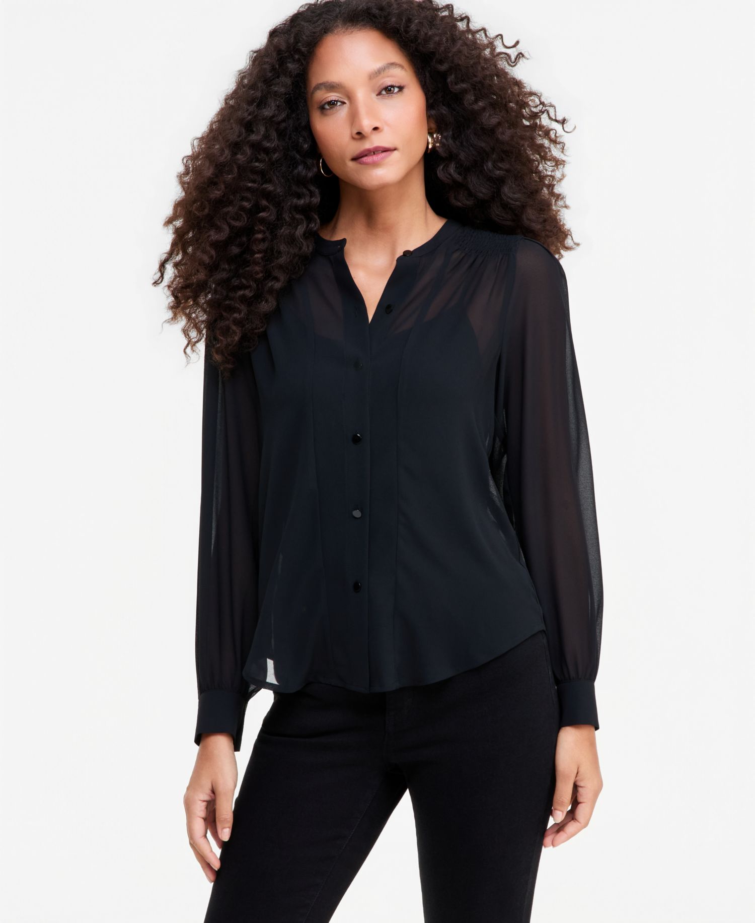 Women's Long Sleeve Sheer Button-Front Blouse