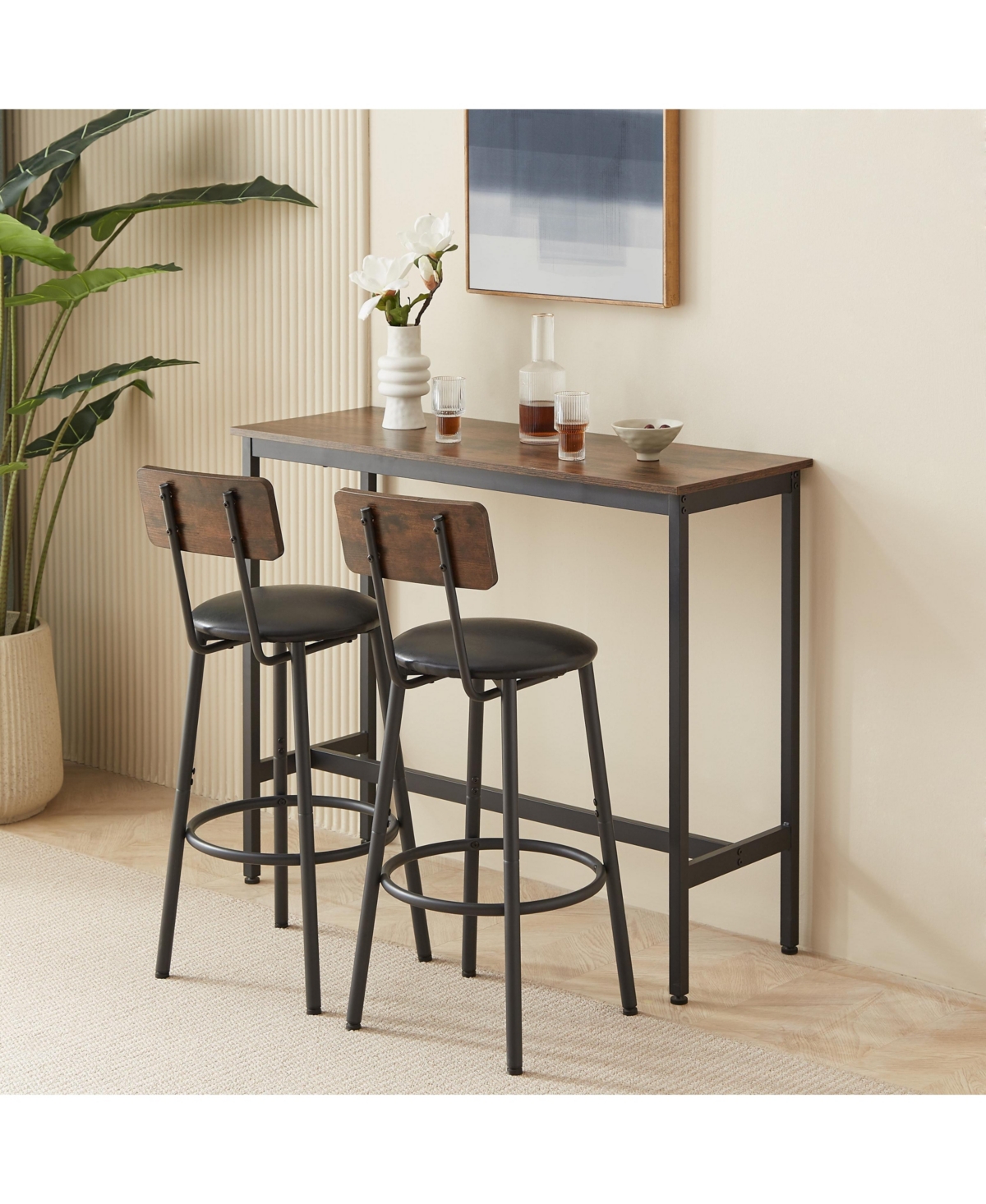 Flynama 2-Piece Bar Table Set with Pu Soft Seat Stools, Space-Saving for Small Kitchen and Living Room