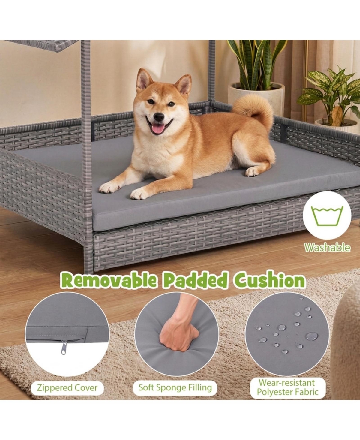 Sugift Elevated Wicker Dog House Pe Rattan Dog Bed With Canopy
