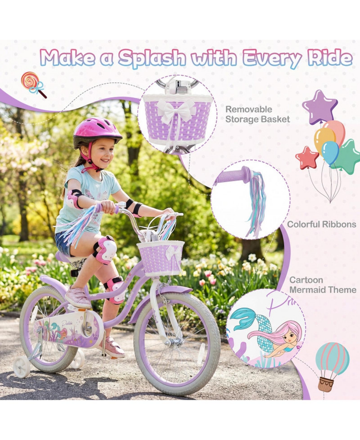 Sugift Princess of the Sea 18" Girls' Bike with Adjustable Saddle & Basket, Ages 3-8