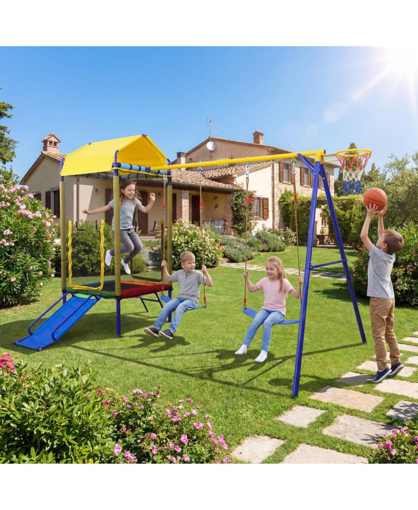 Детские игрушки SUGIFT 5-in-1 Metal Swing Set with Slide, Trampoline & Basketball Hoop, Ages 8+, цвет: Жёлтый — фото 2