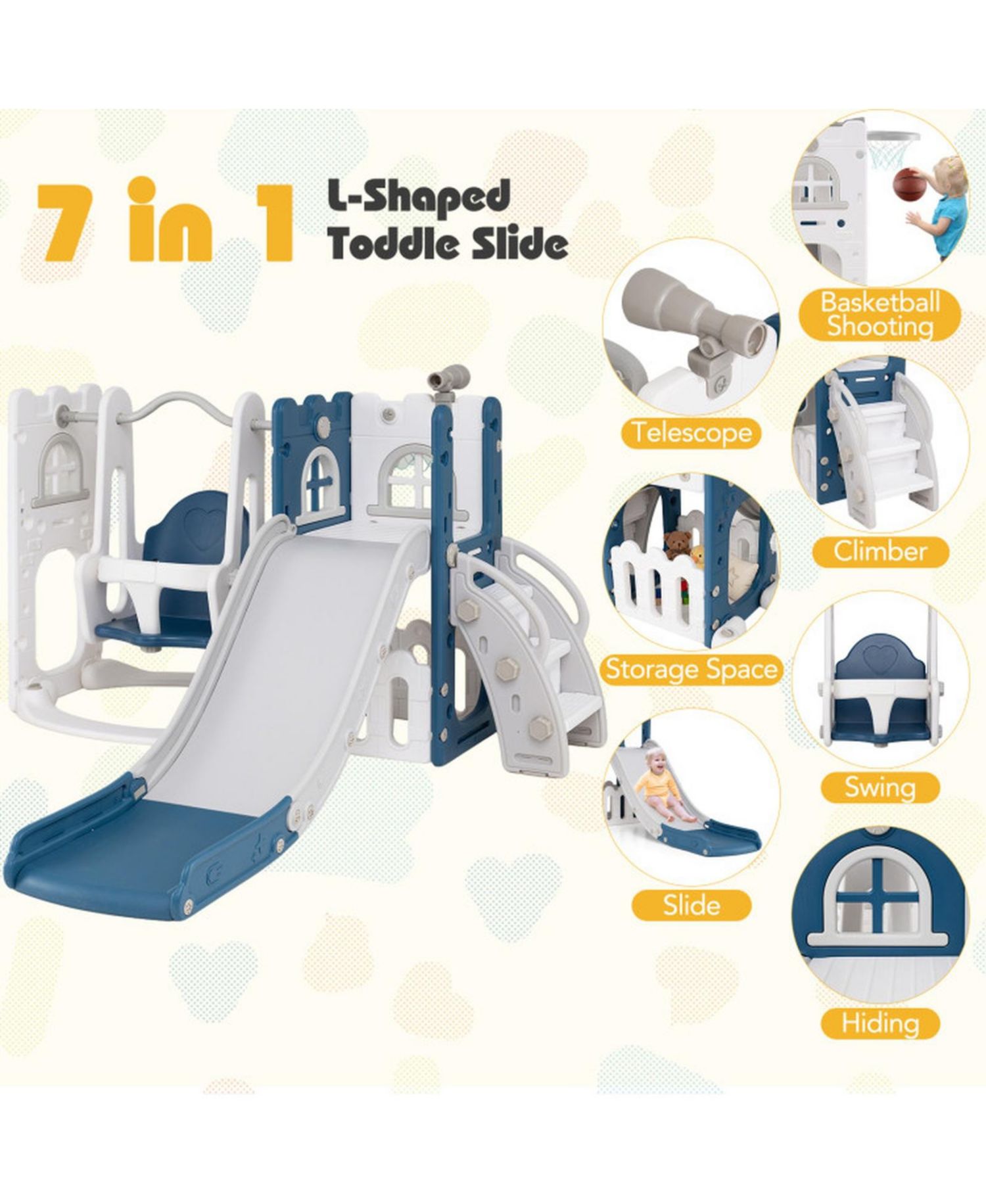 Toddler 7-in-1 L-Shaped Basketball Hoop Swing and Slide Set