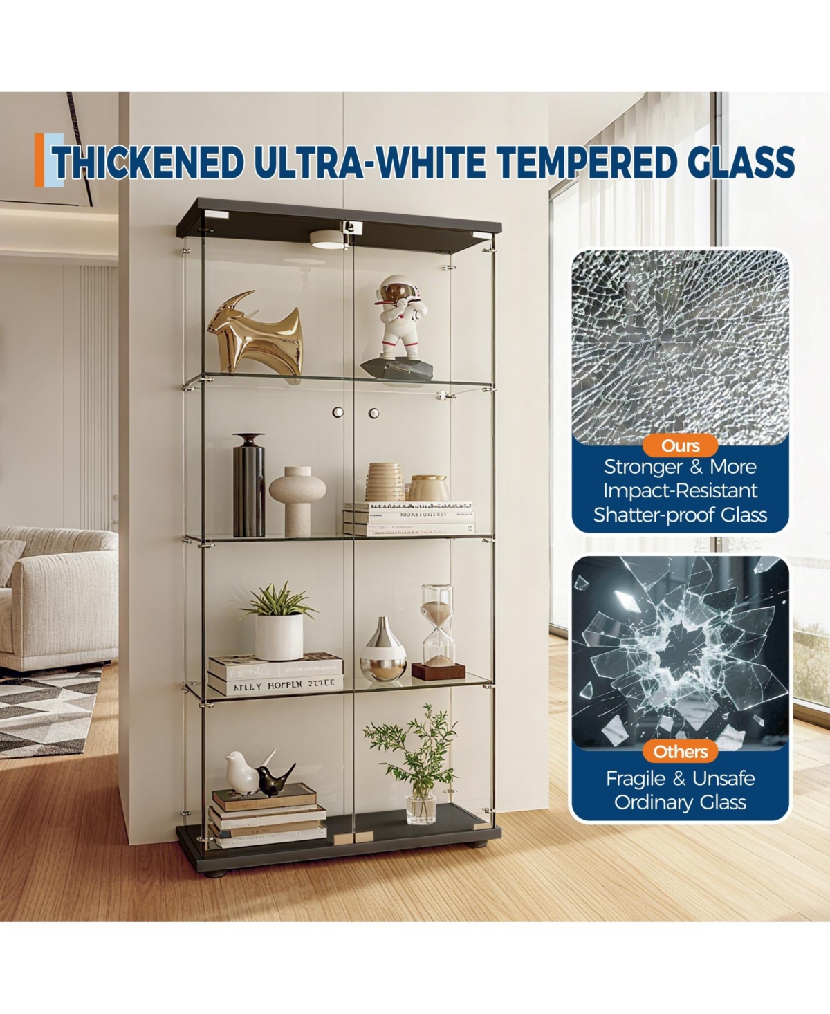 homfan Tempered Glass Display Cabinet, 4 Shelves, Doors, Led Lights and Motion Detector, Curio for Collectibles