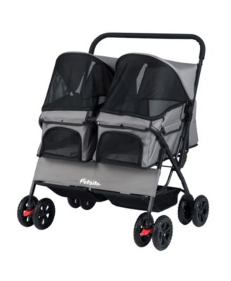 Foldable Double Pet Stroller with Adjustable Sunshade and Storage Basket