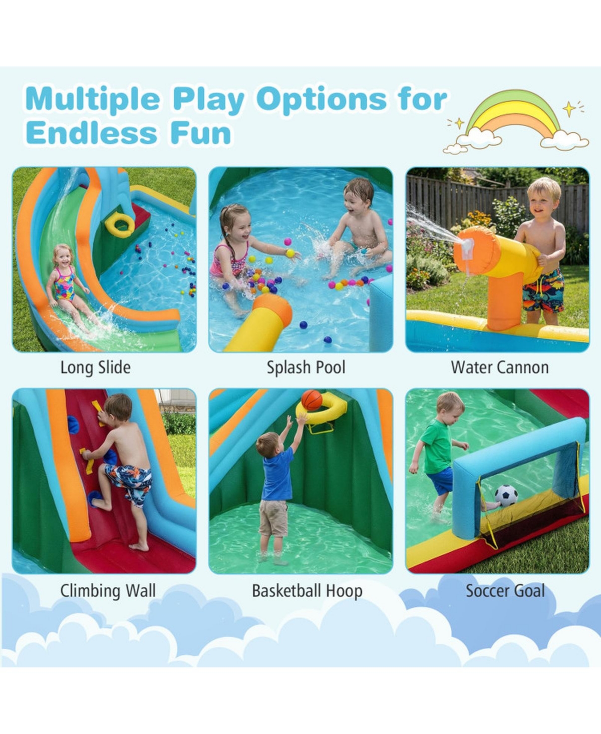Hongge 6-in-1 Inflatable Water Slide Bounce House, 150" x 150", Ages 3-12
