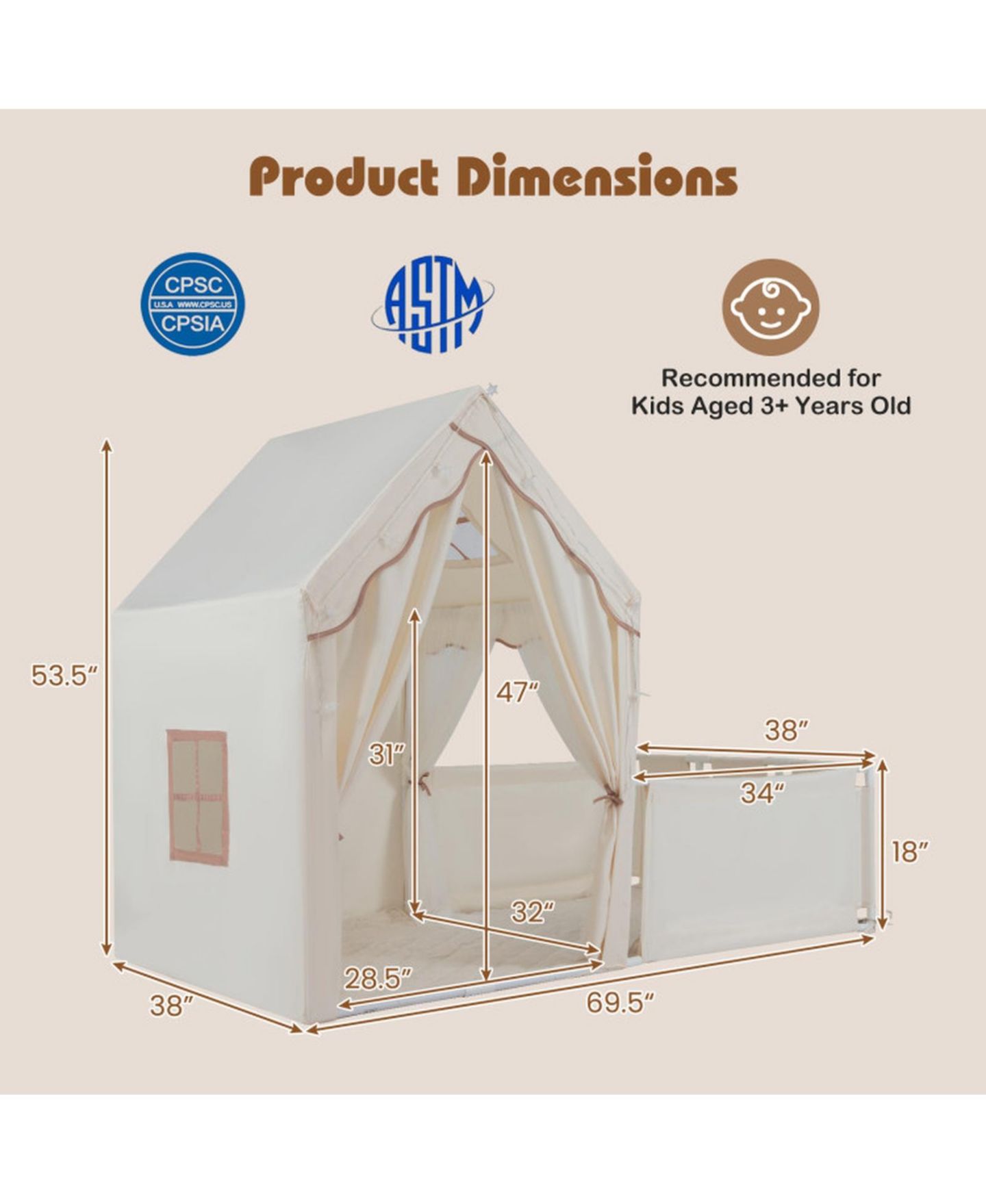 Детские игрушки HONGGE 2-in-1 3-Piece Play Tent and Playpen with Star String Lights, Ages 3+, цвет: Натуральный — фото 3