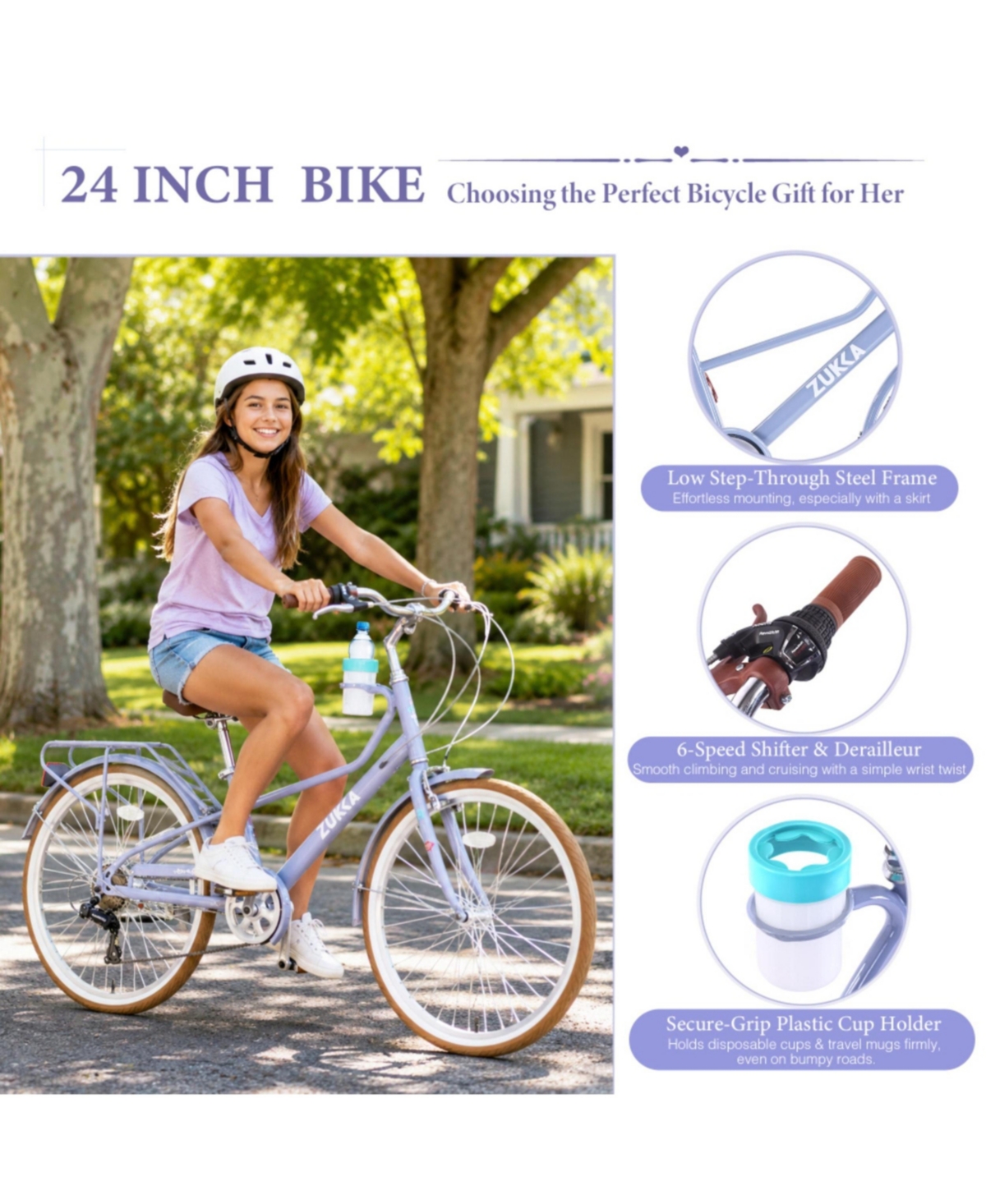 ECHTPeak 24 Inch Cruiser Bike,6 Speed Step-Through Commuter Bicycle with Rear Rack and Cup Holder,City Bike