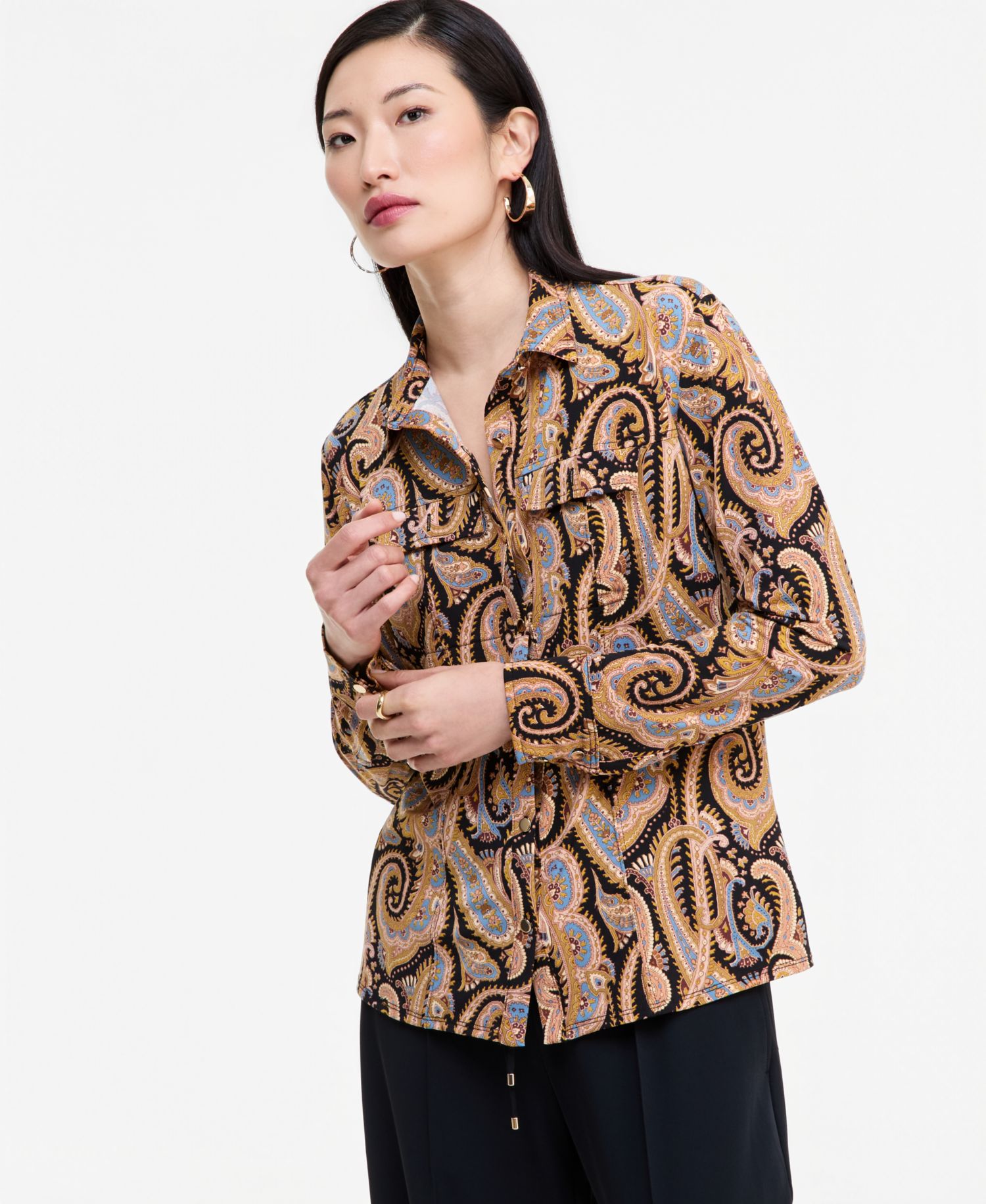 Women's Print Long-Sleeve Utility Button-Up Paisley-Print Blouse