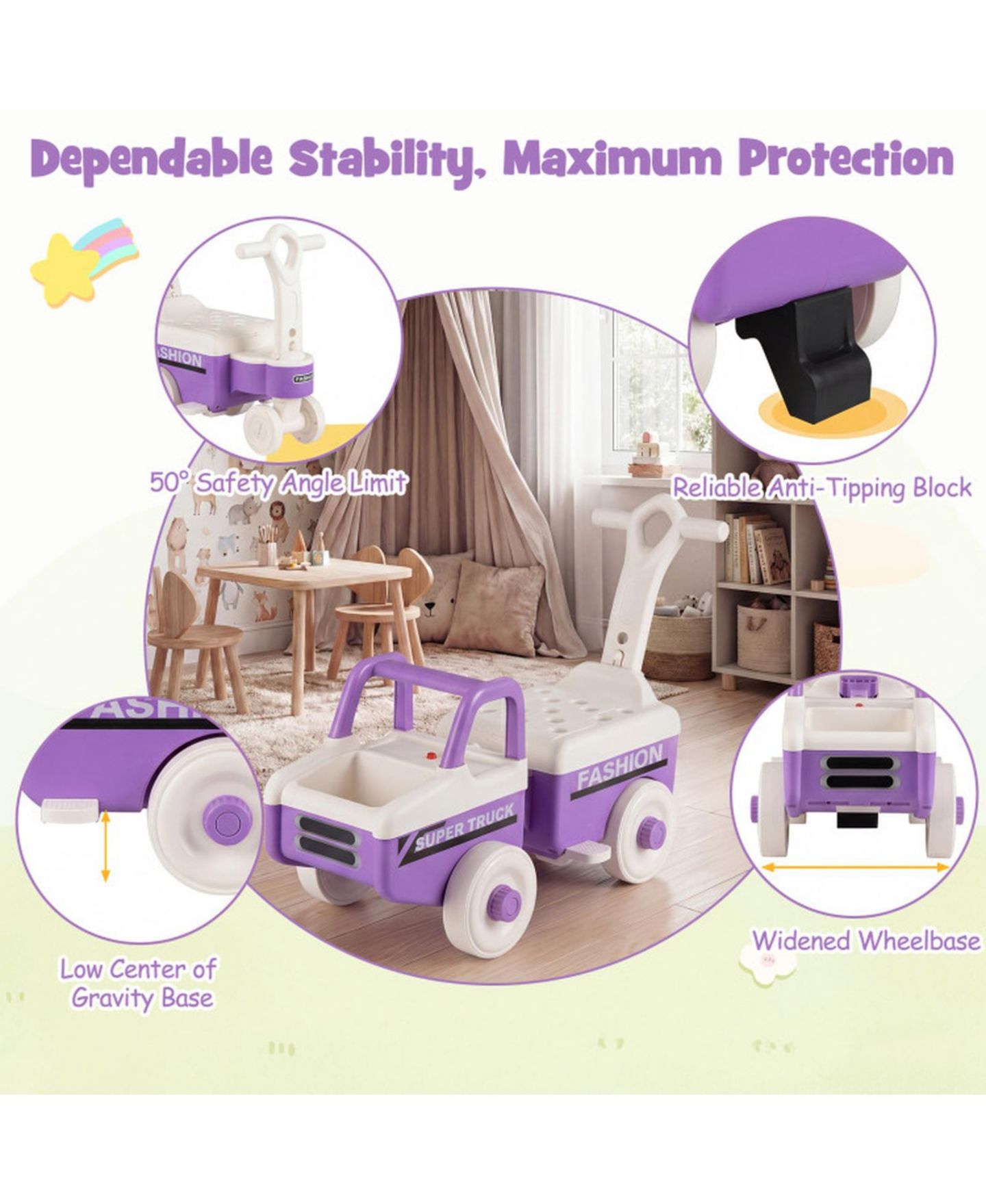 Детская игрушка HONGGE 4-in-1 Ride-On Push Car with Detachable Cargo Trailer & Music, 45 lbs Capacity, Ages 18 Months+, цвет: Фиолетовый — фото 5