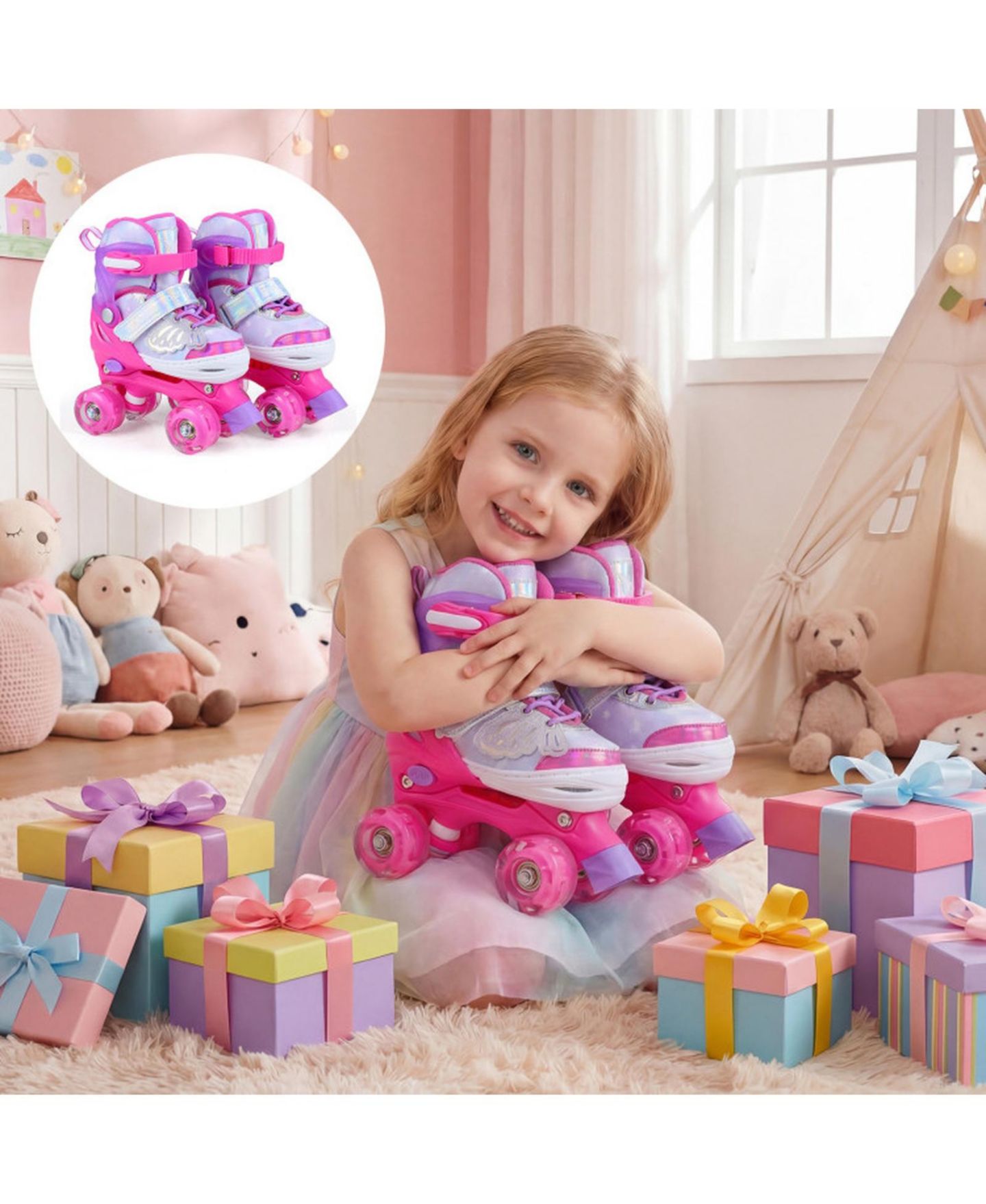 Детские игрушки HONGGE Light-Up Wheels Adjustable Reinforced Brake Roller Skates, Sizes 11C-1, Ages 5-7, цвет: Розовый — фото 10