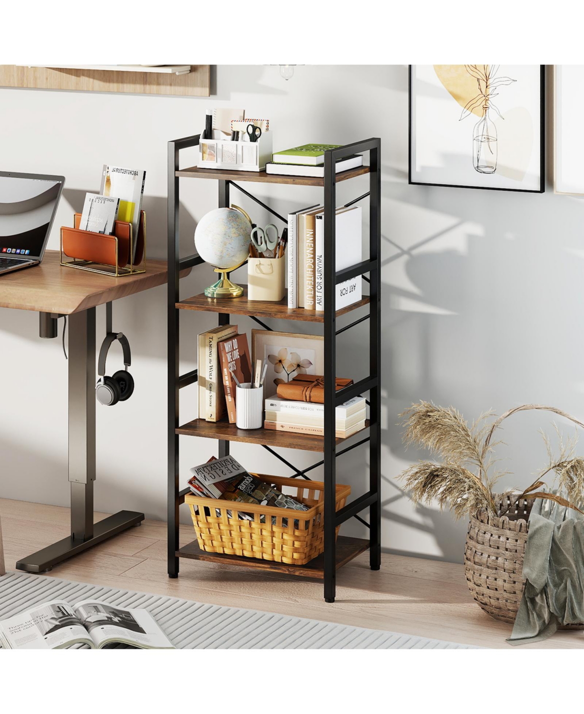 Costway 4-Tier Bookshelf with Metal Frame and Wooden Storage Racks for Living Room