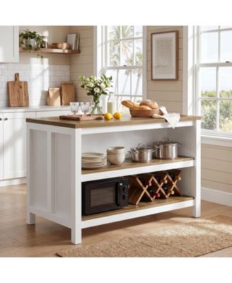 47" Kitchen Island with Seating: 2-tier farmhouse island with worktop and storage. Counter height table for kitchen, dining room