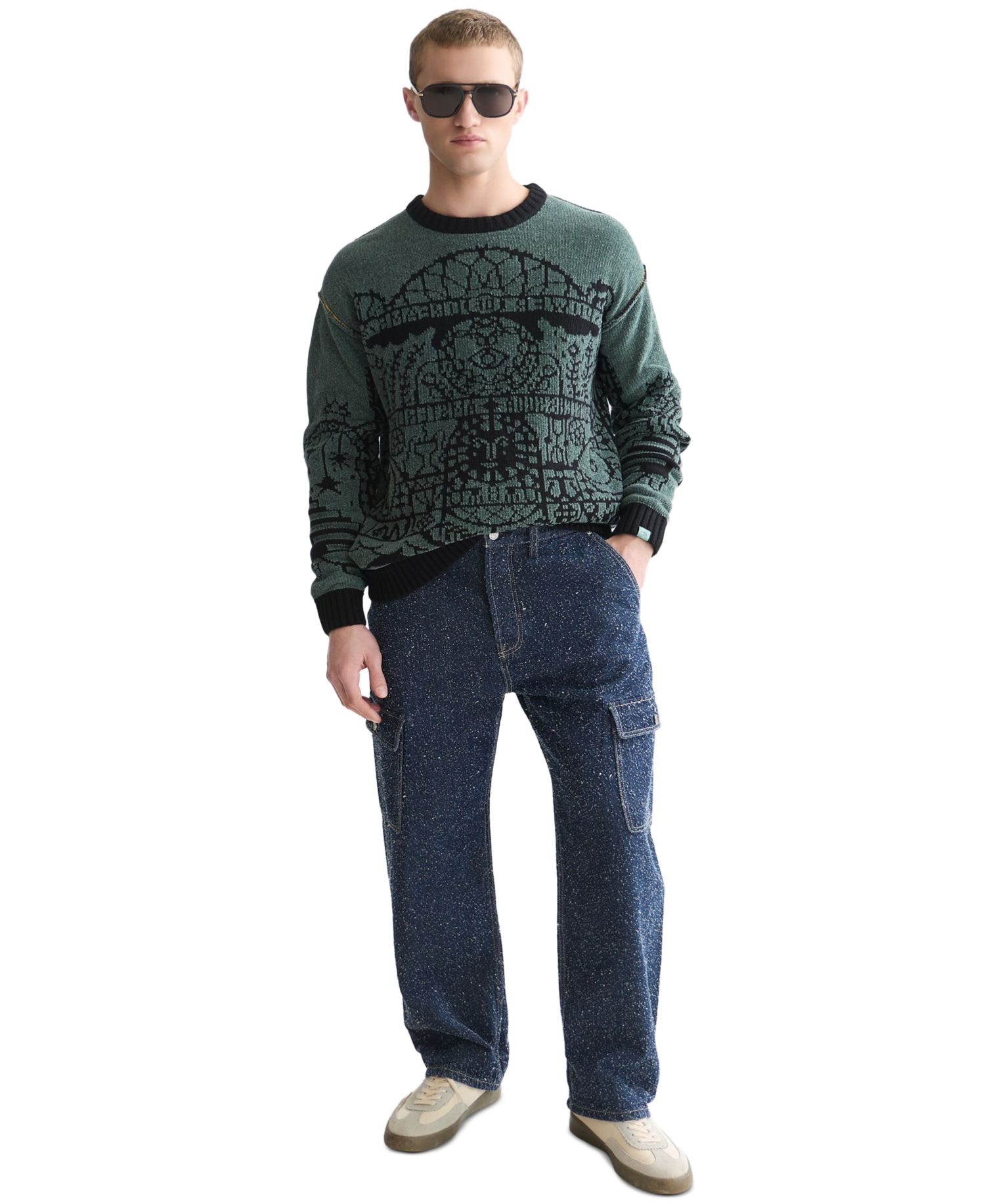 Men's Chenille Jacquard Wool-Blend Dropped Shoulder Crewneck Sweater