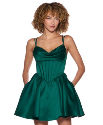 Juniors' Corseted Drape Neck Stone Detail Satin Mini Dress