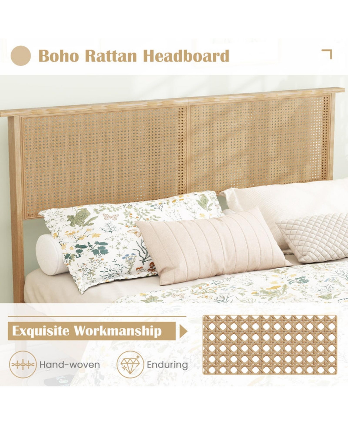 Sugift Queen Size Bed Frame with Rattan Headboard Solid Wood Platform Bed