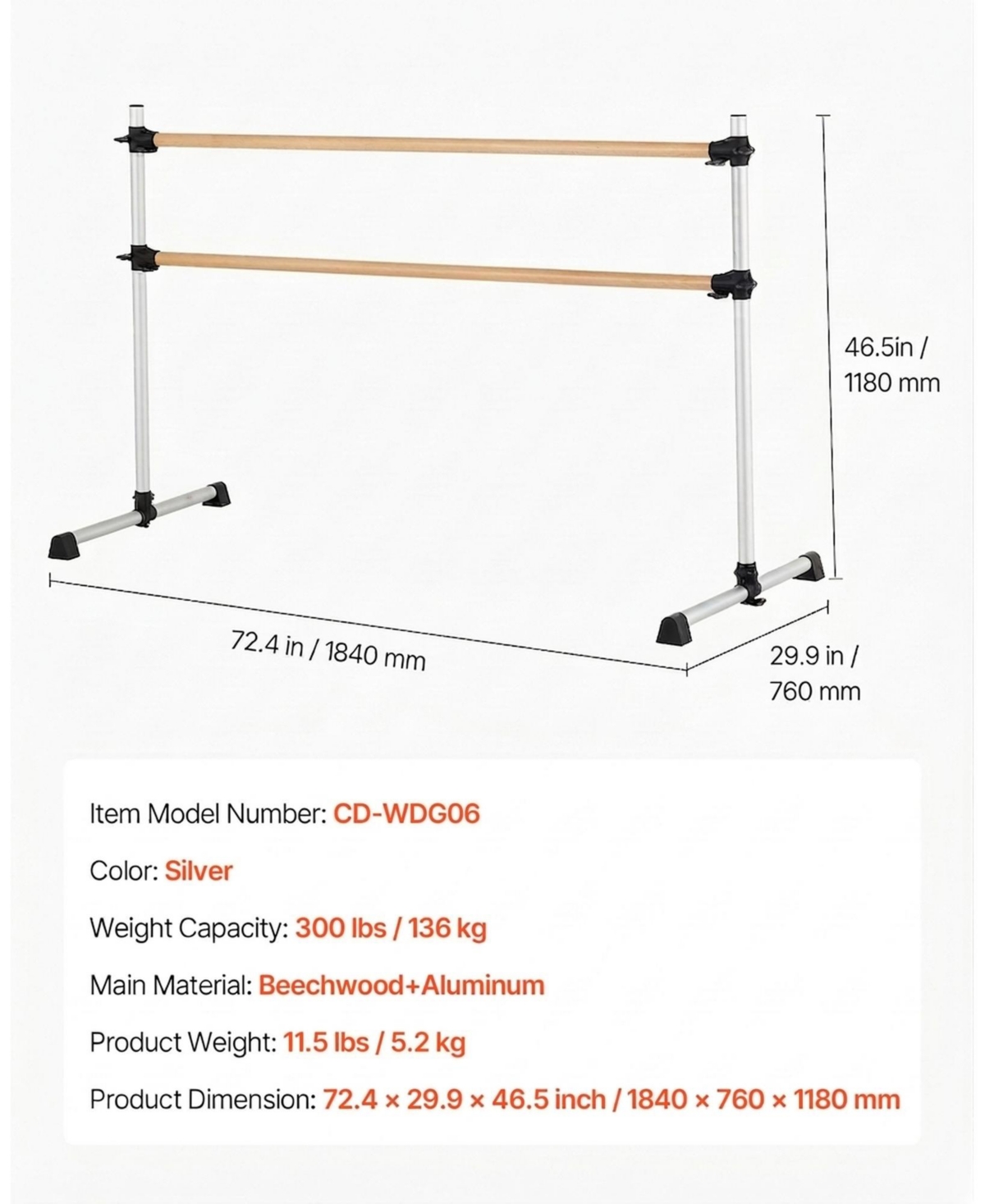 Sugift 6 Ft Double Ballet Barre Freestanding Portable Height Adjustable Anti-Wobble for Pilates Workout
