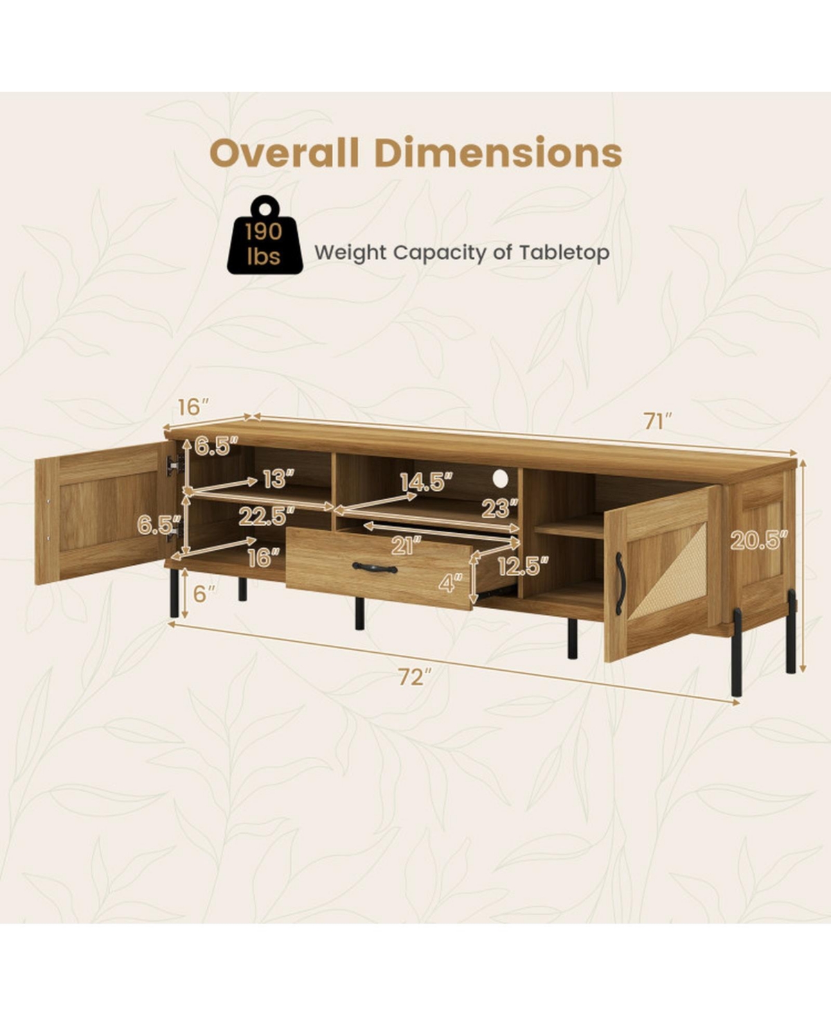 Sugift Rattan Tv Stand for 80-Inch TVs with 2 Cabinets Drawer and Open Shelf