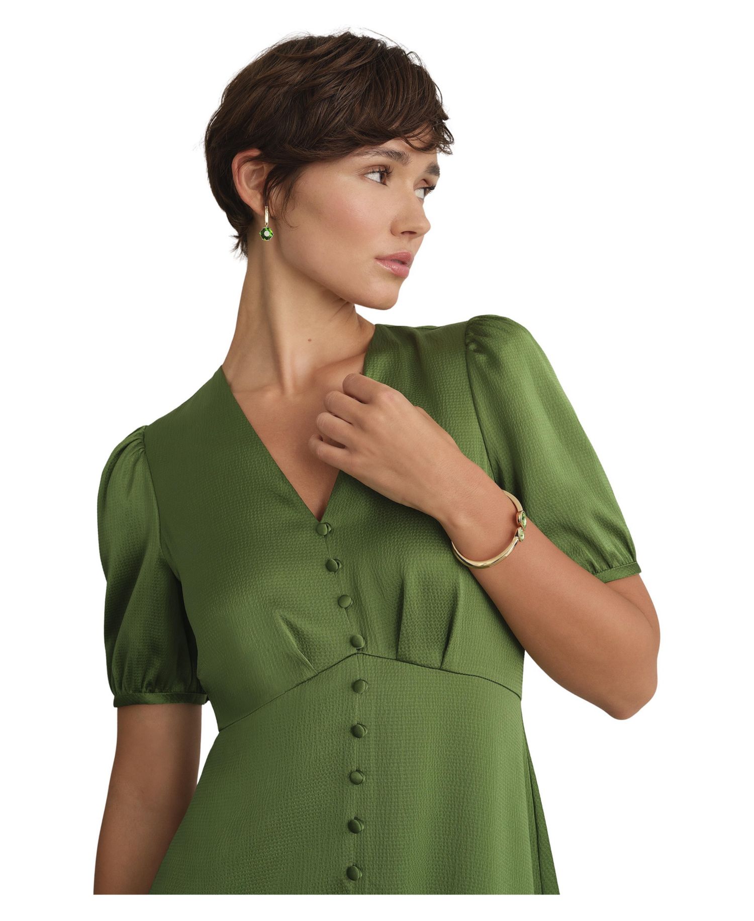 Women's Button Front Puff Sleeve Midi Dress