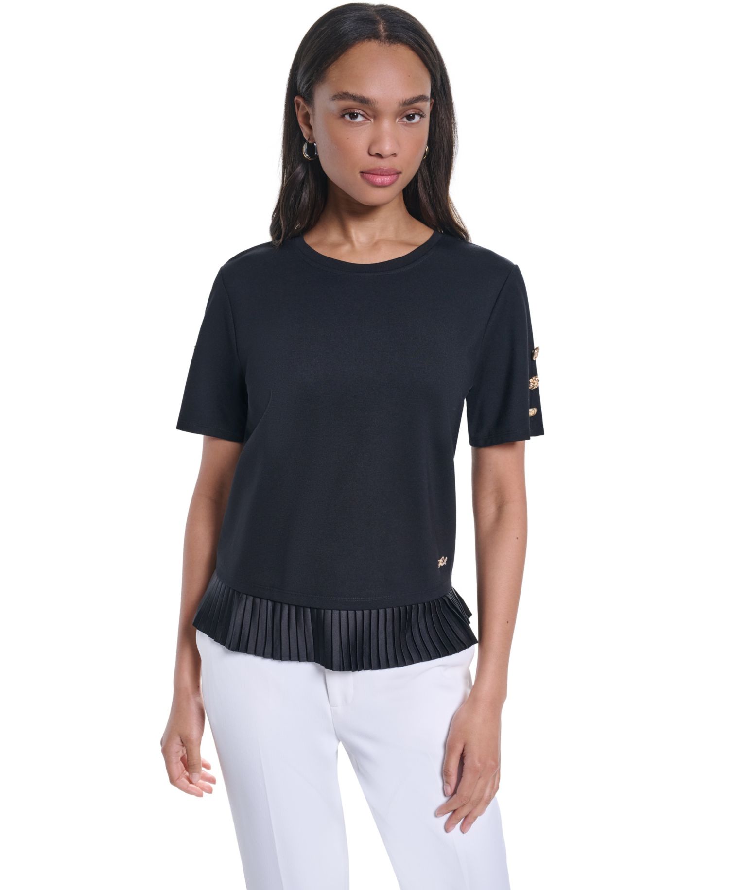 Women's Crewneck Short-Sleeve Pleated-Hem Blouse