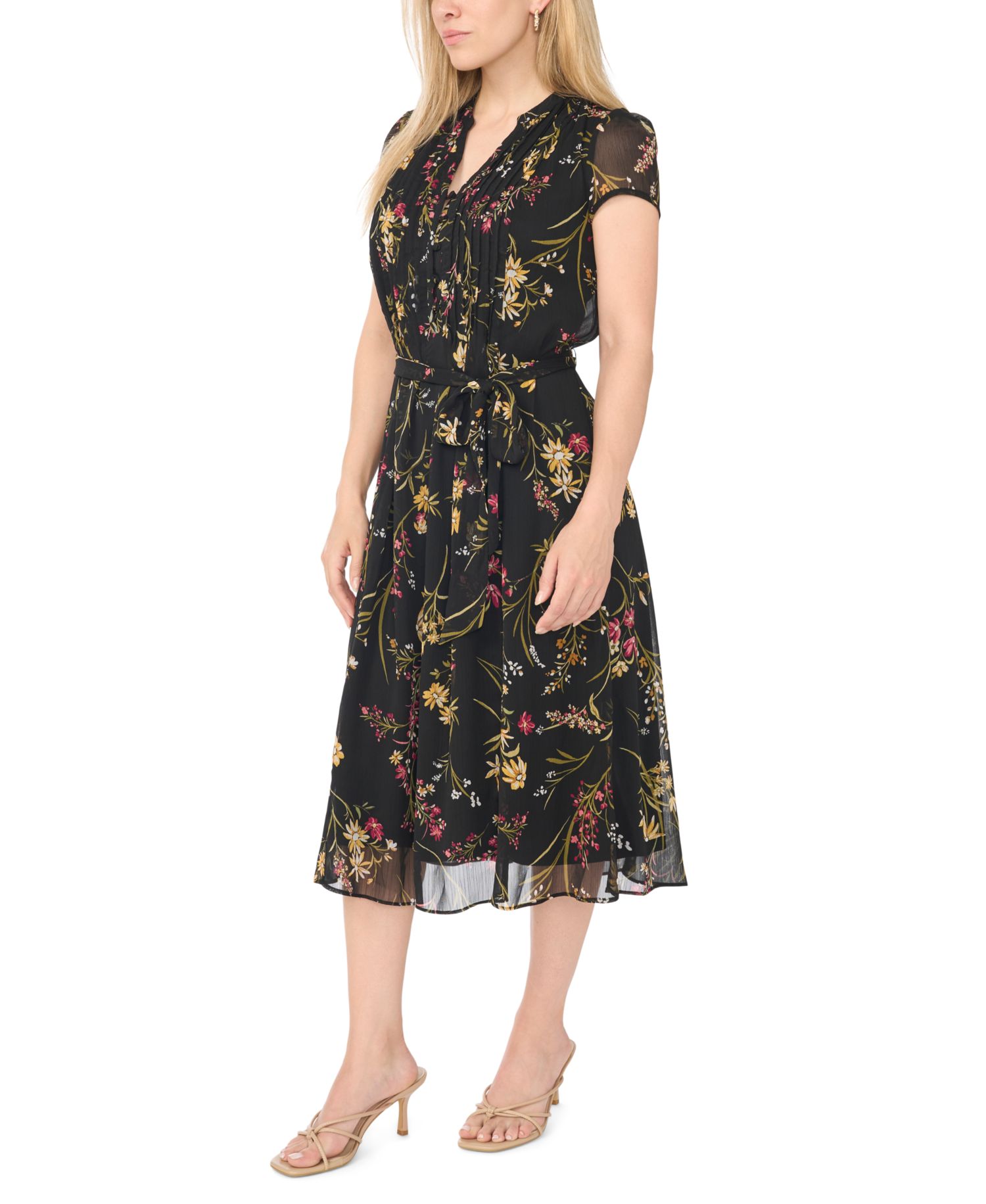 Petite Pintuck Floral-Print A-Line Midi Dress