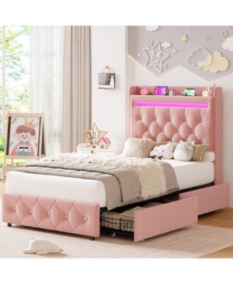 Upholstered LED Bed Frame, Storage Headboard, Charging Station and 2 Drawers, Velvet Princess Platform for Kids, Support, No Box Spring