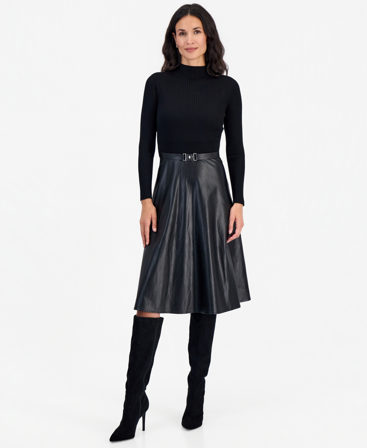 Robbie Bee Petite A-line Long-sleeve Mock Neck Sweater Dress In Black