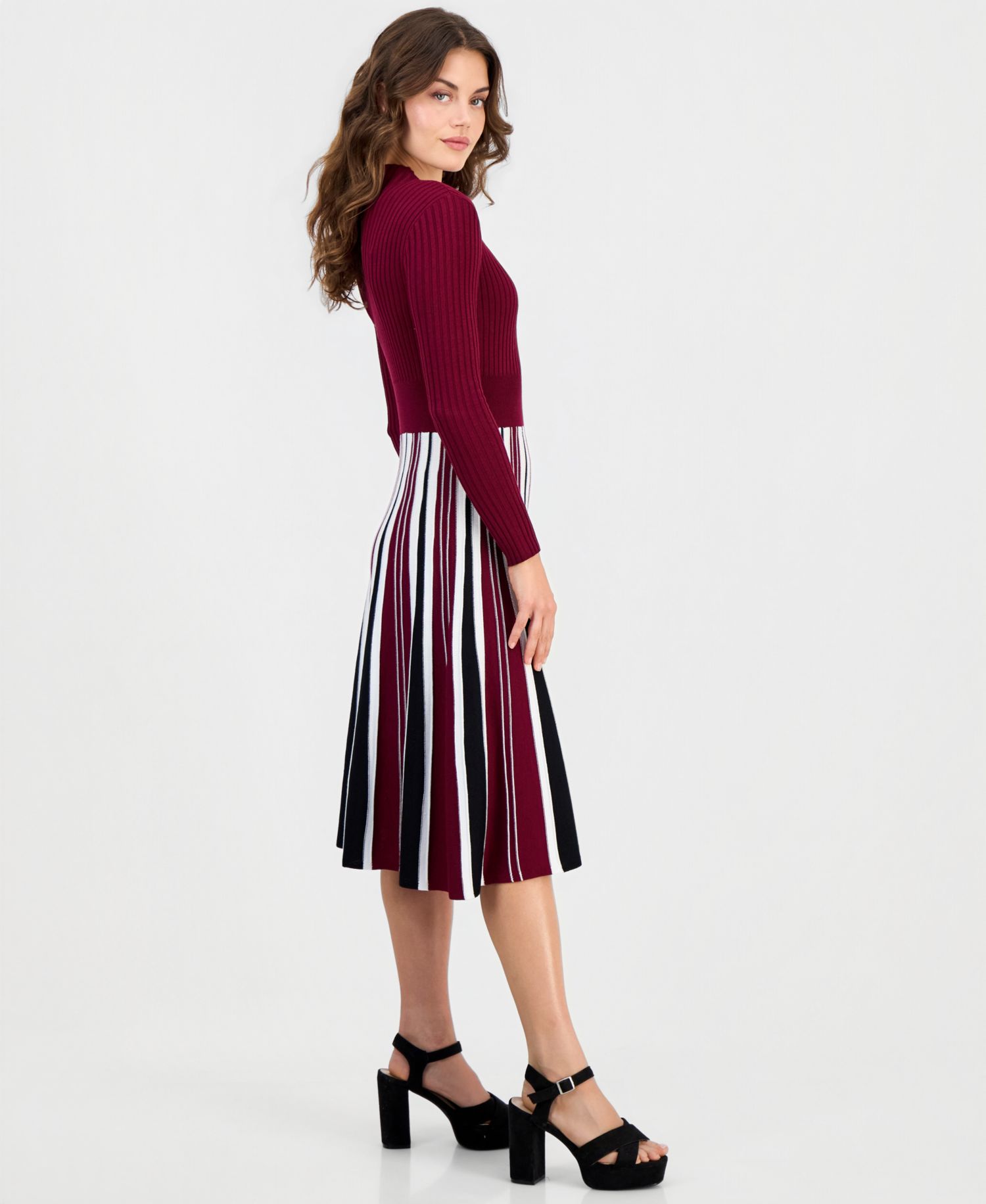 Petite Long-Sleeve Pleated-Skirt Sweater Dress