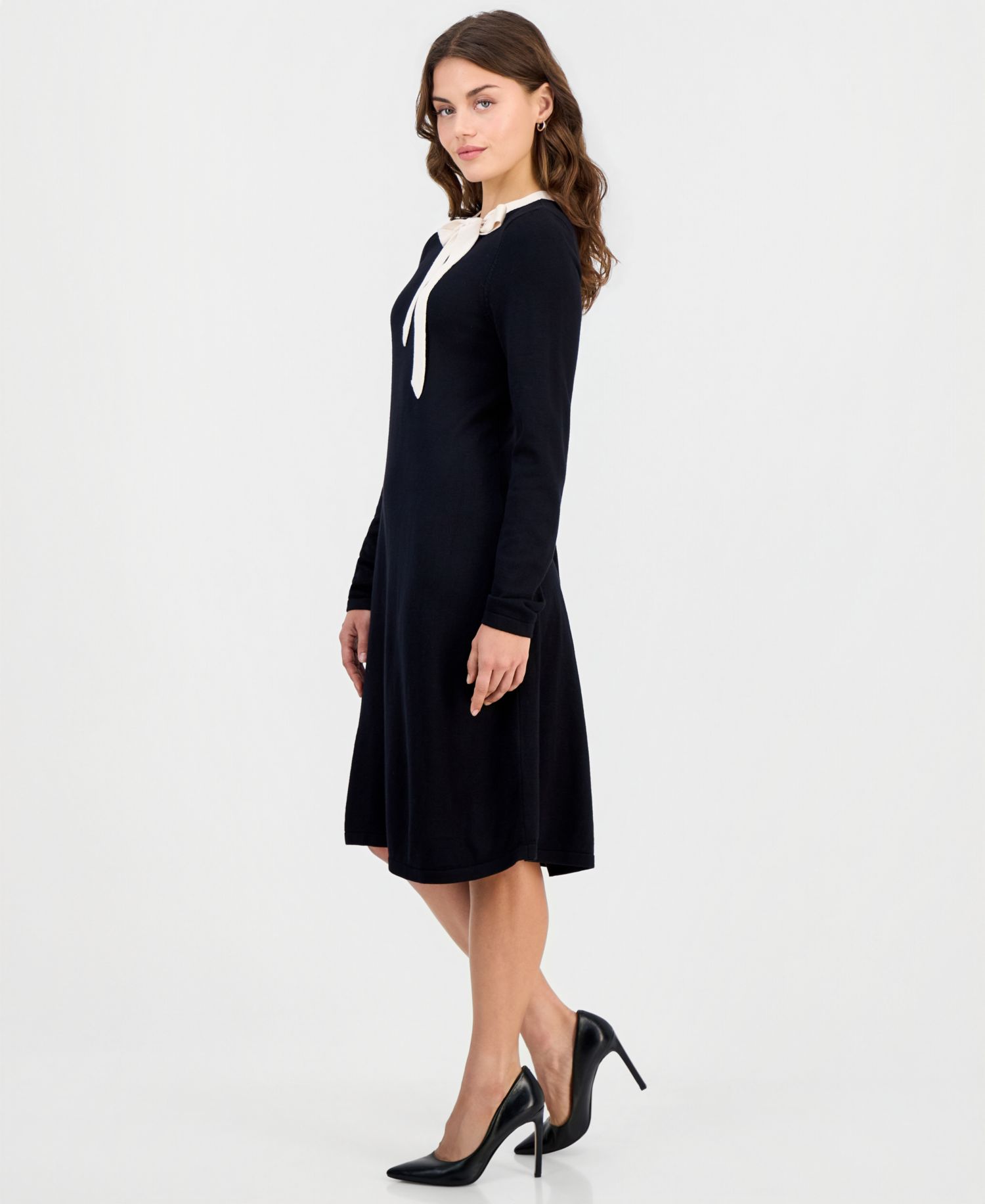 Petite Bow-Trim-Neck Long-Sleeve Glitter Sweater Dress