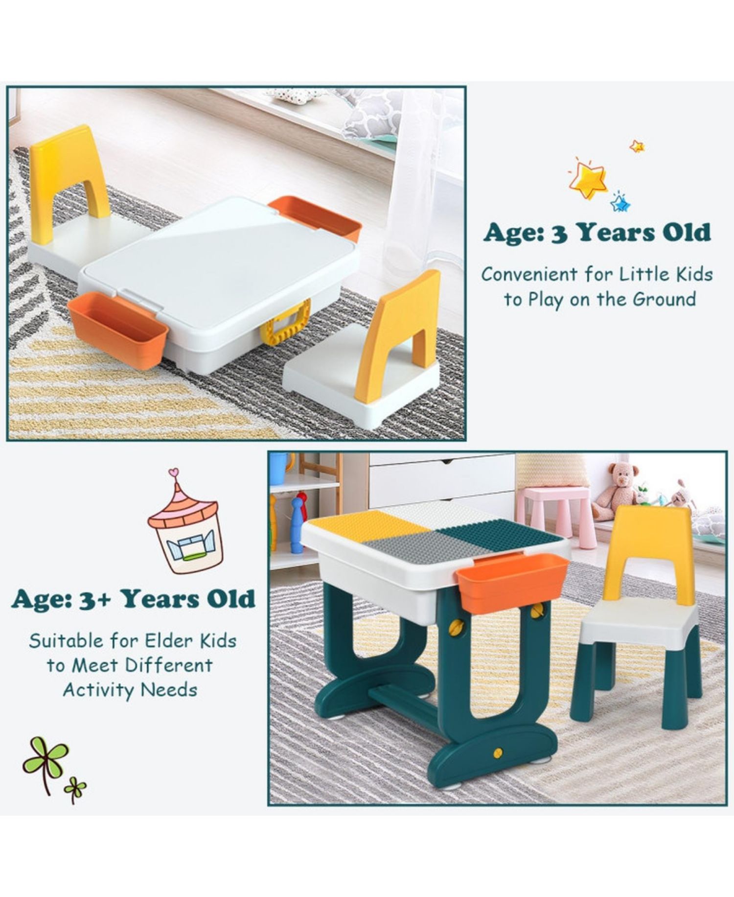 5-in-1 Kids Activity Table and Chair Set with Storage and Building Block Board