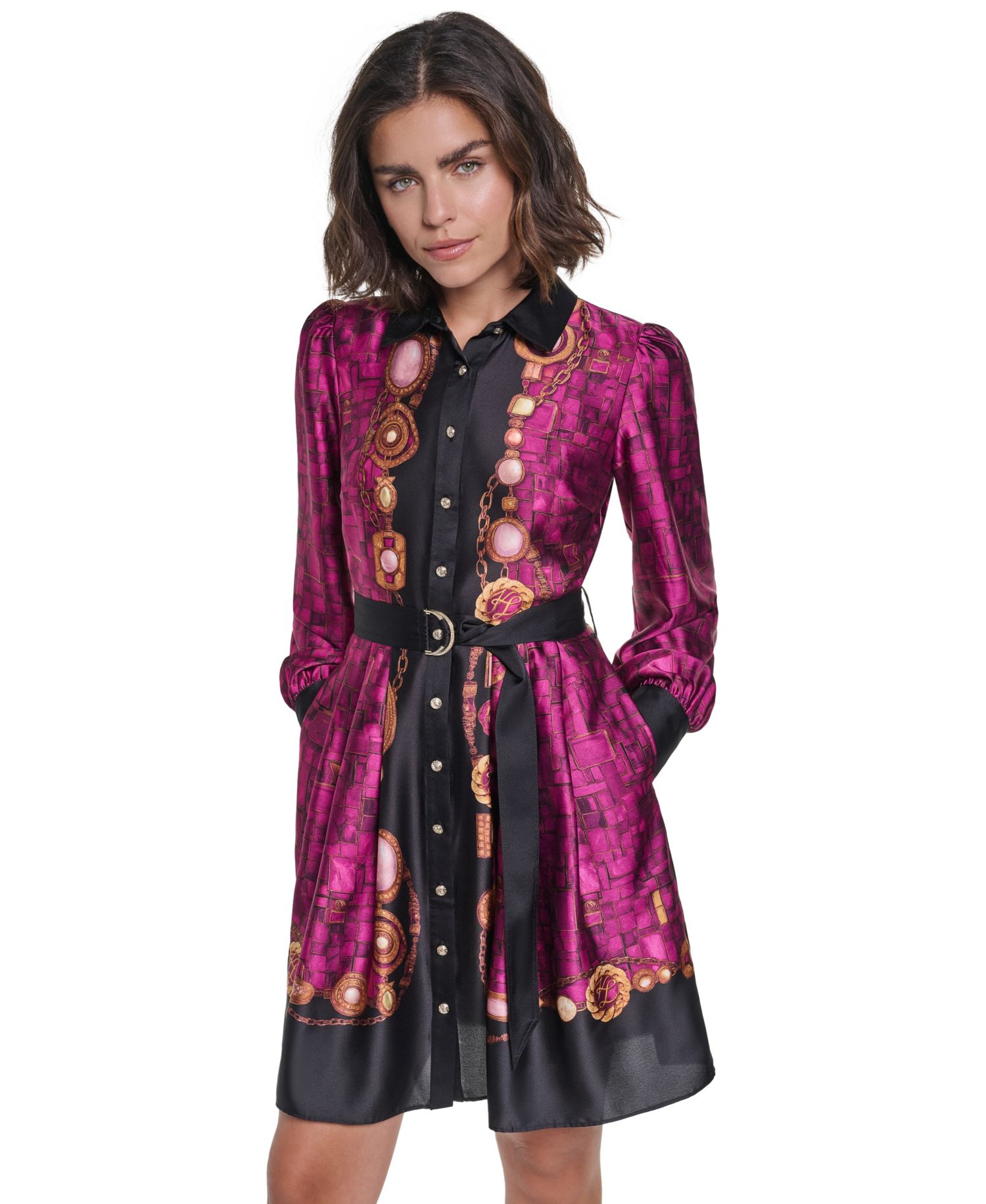 Petite B.F. Collared Long-Sleeve Belted Shirt Dress