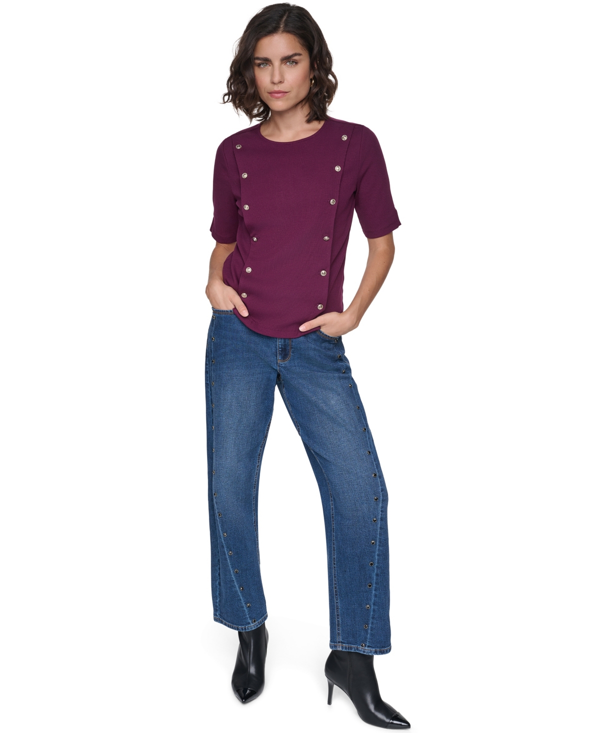Karl Lagerfeld Paris Petite Rib-Knit Crewneck Short-Sleeve Top