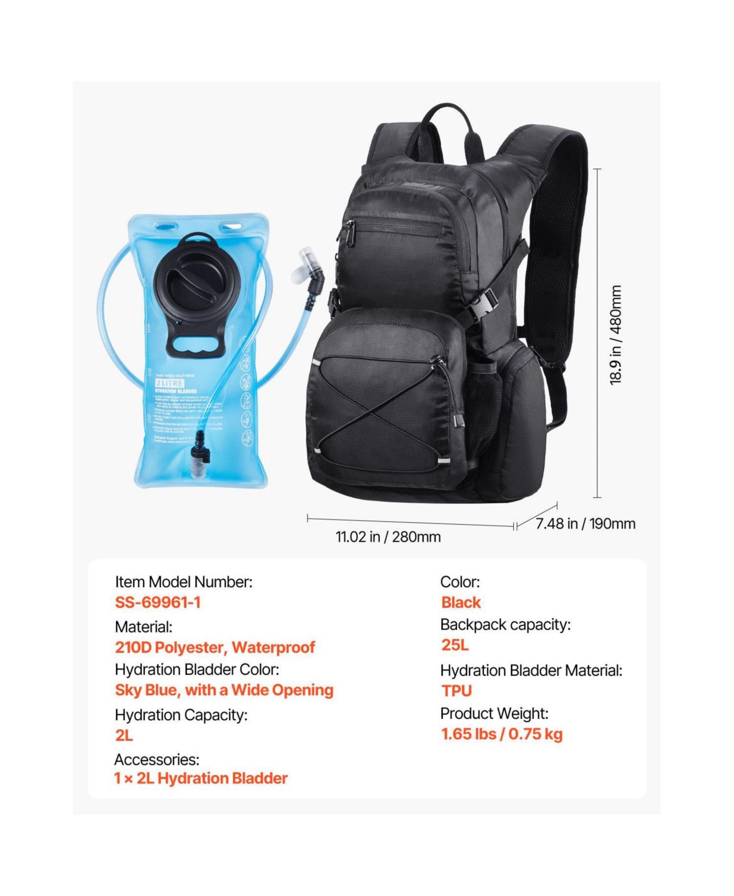 Рюкзак Hikeen Hydration, 25L Insulated Hydration Pack with 2L TPU Water Bladder, Hiking Water with Storage for Men Women, цвет: Чёрный — фото 7