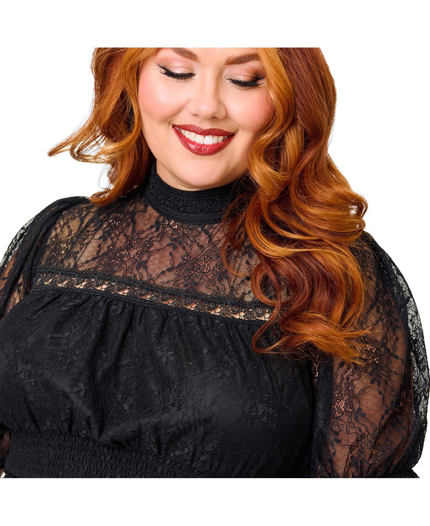 Женская блузка Unique Vintage Plus Size Lace Smocked-Waist Short-Puff-Sleeve, цвет: Чёрный однотонный — фото 3