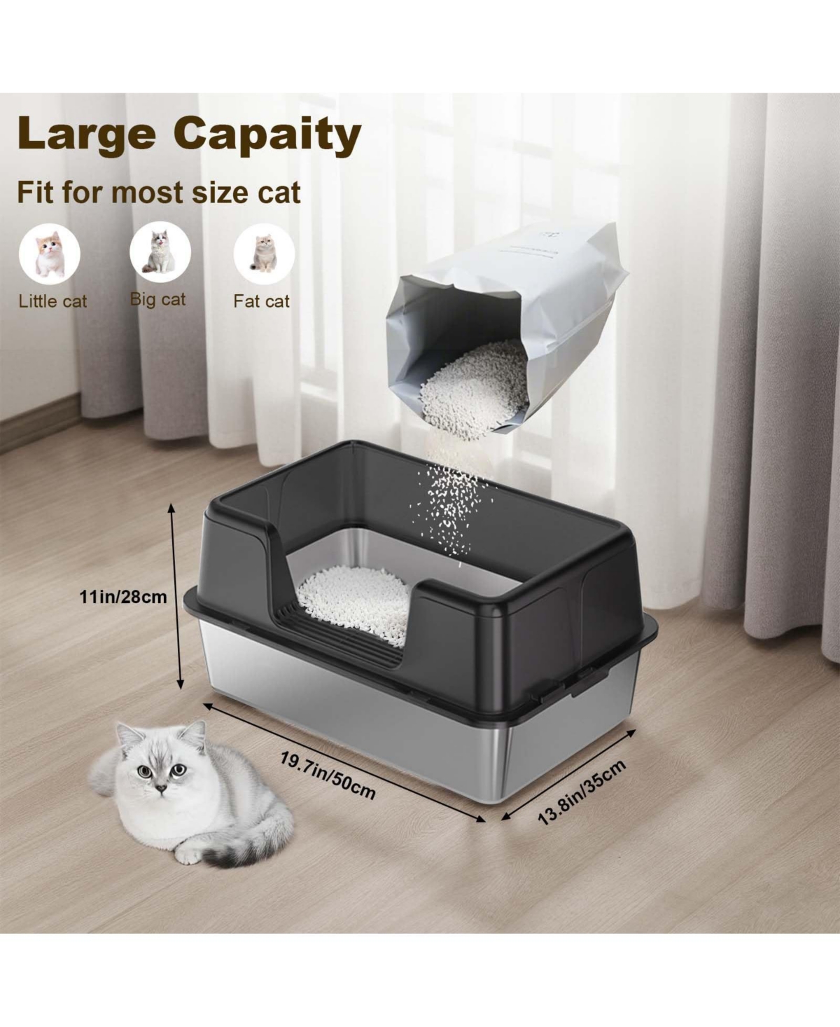 homfan Stainless Steel Litter Box, Extra Large, High Sides, Removable Tray, Non-Slip Mat, Scooper Included