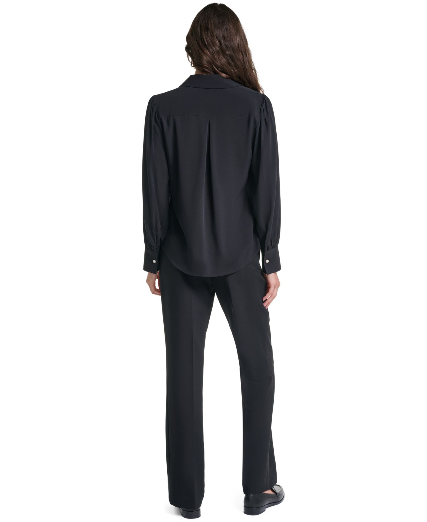 Женская блузка KARL LAGERFELD PARIS Petite Long-Sleeve Collared Blouse, цвет: Чёрный — фото 5