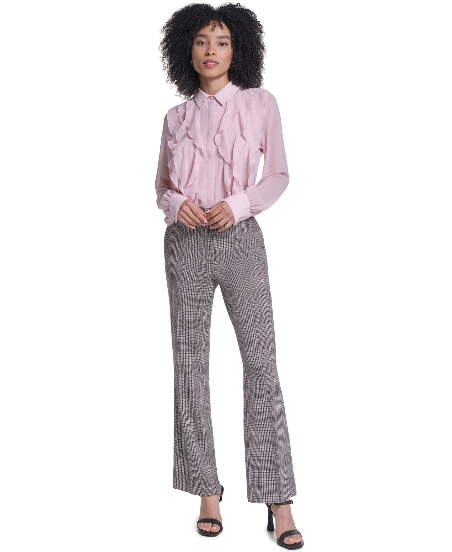 Женские брюки KARL LAGERFELD PARIS Petite Plaid Flared, цвет: Глиняный — фото 2