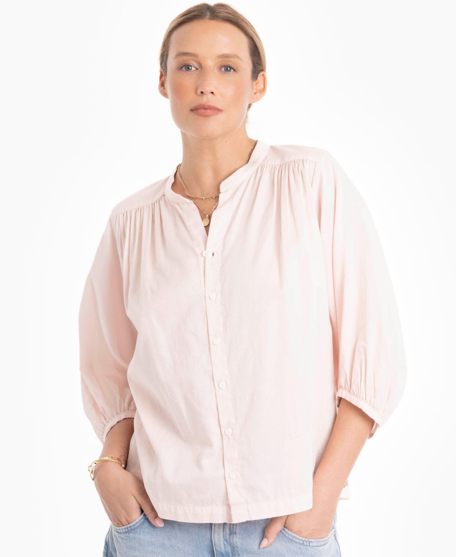 Women's 3/4-Length Sleeve Button-Front Peasant Top